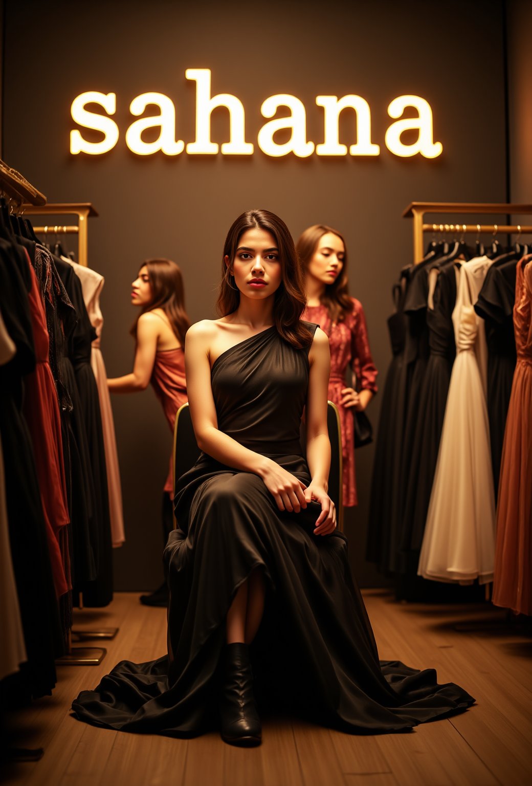 create me something beautiful, sexy, A beautiful woman, dressed in high fashion, sits on a throne in a luxurious boutique shop, surrounded by perfect cinematic lighting. Behind her, the shop's name "sahana" is displayed in oversized glowing letters, commanding attention. Girls in the background casually explore the dresses on display. The scene highlights both the elegance of the boutique and the glowing, bold shop name.,Enhanced all