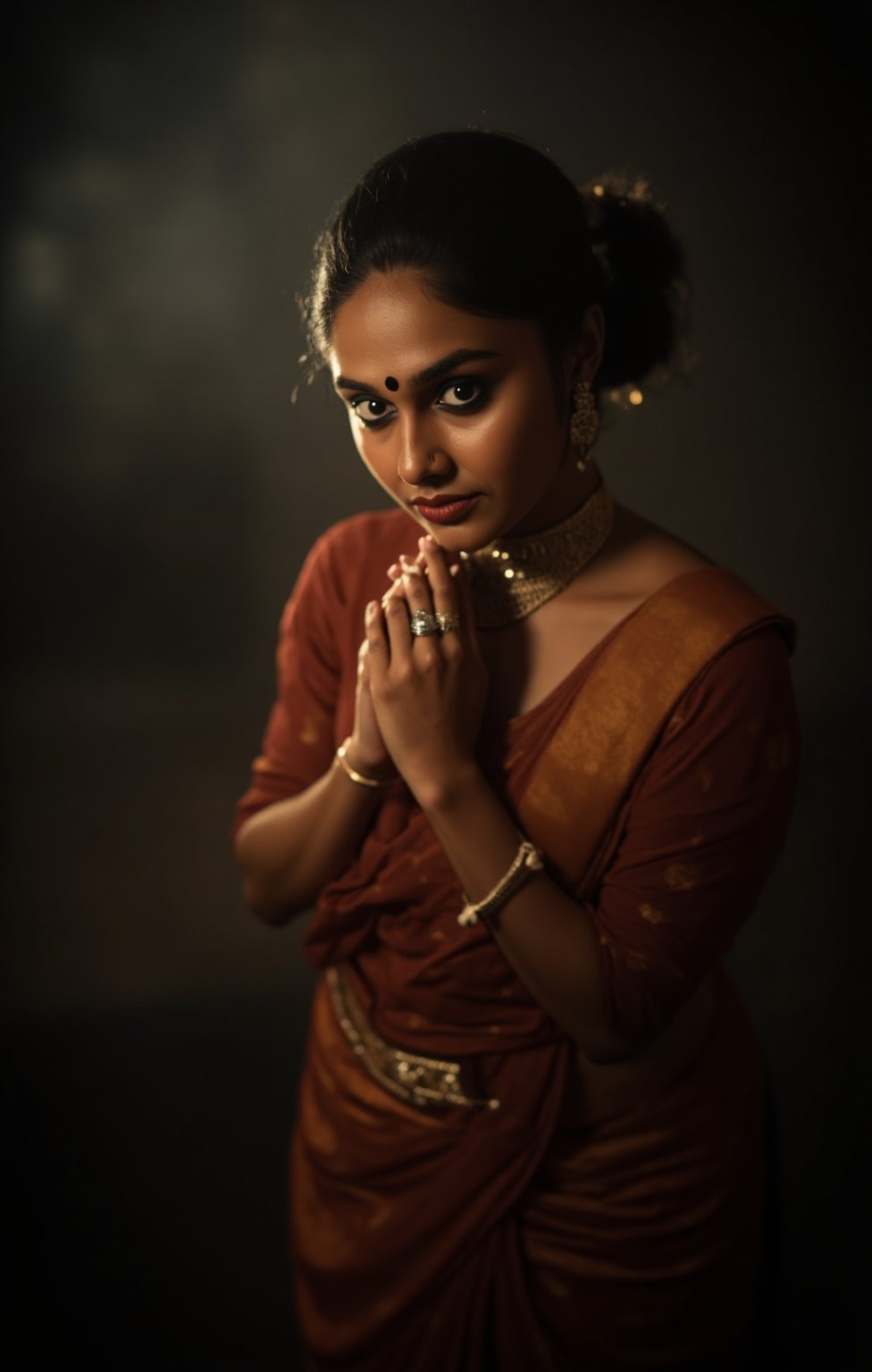 Kerala traditional women, navel exposed,  extreme realistic, cinematic angle, (cinematic shadows, bokeh, depth of field:1.3) , (High detail RAW Photo), (extremely detailed skin, photorealistic, heavy shadow, dramatic and cinematic lighting, key light, fill light), sharp focus, cinematic, imperfect skin, fabrics, textures, detailed face, detailed skin, detailed fingers, NaturalHand2-3500, analog film photo Deep photo,depth of field,ferrania p30 film,shadows, perfect face and body, dimly lit, nervous, harsh camera flash, faded film, desaturated, 35mm photo, grainy, Kodachrome, Lomography, stained, highly detailed, found footage,, (black hair,
A flapper girl stands poised in a smokey atmosphere, bathed in ethereal light that accentuates her stunning features. Her fair skin glows under cinematic lighting, as she gazes directly into the camera with perfect eyes and a beautiful nose. Her Drill Spring-inspired hairstyle is perfectly coiffed, framing her face. The background is a masterpiece of art deco design, with intricate details and complex patterns that seem to leap off the screen in hyper-maximalist fashion. The subject's full-body is dressed in elaborate attire, with detailed decoration and lines that exude opulence. In stunning HDR and UHD, this unreal engine creation pops with gorgeous light and shadow