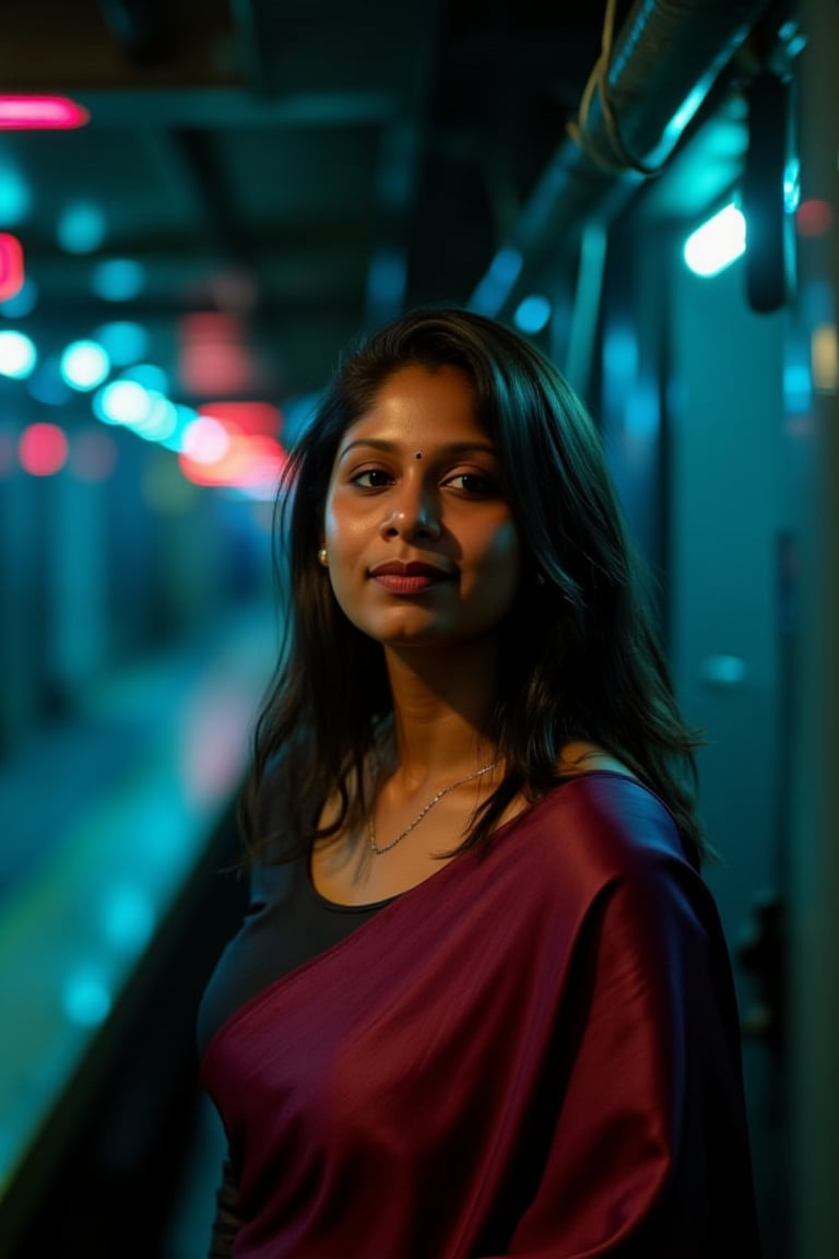 A beautiful mallu women, teal and orange colour lighting in background, futuristic subway, pipeline , wires, light indicators, intricate background, realism,realistic,raw,analog,portrait,photorealistic, taken by Canon EOS,SIGMA Art Lens 35mm F1.4,ISO 200 Shutter Speed 2000,Vivid picture,Mallu beauty, The atmosphere is fun and inviting, featuring colors like black, blue, dark blue, dark purple, gray, light green, purple, and orange. Neon lights in pink, blue, and green illuminate the space, creating a bokeh and Depth of Fieldeffect. The focus is on the girl from the torso to the head, captured in a cinematic style with a Sony A7R IV full-frame camera,Mallu beauty,futuristicportrait