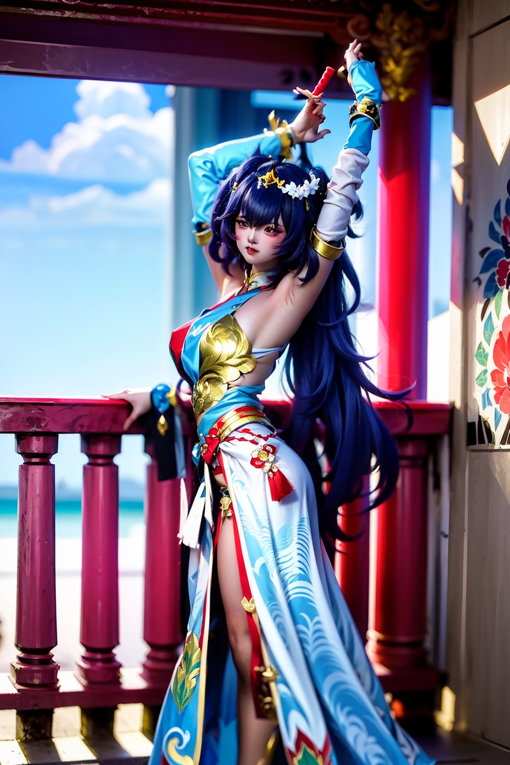 Captured from a low-angle perspective, a vibrant blue-haired woman, dressed in a traditional Asian costume, is adorned with a white and blue skirt, adorned with gold accents. She stands on a tiled floor, her arms stretched out to her sides, revealing a sword in her right hand. Her hair is adorned in a crown, adding a pop of color to her outfit. The sword is held in her left hand, while her right arm is stretched out in front of her. Her left hand is positioned in the air, adding balance to the scene. The scene is set against a backdrop of red pillars, a white building, and a red bench. The sky is a bright, sunny day.