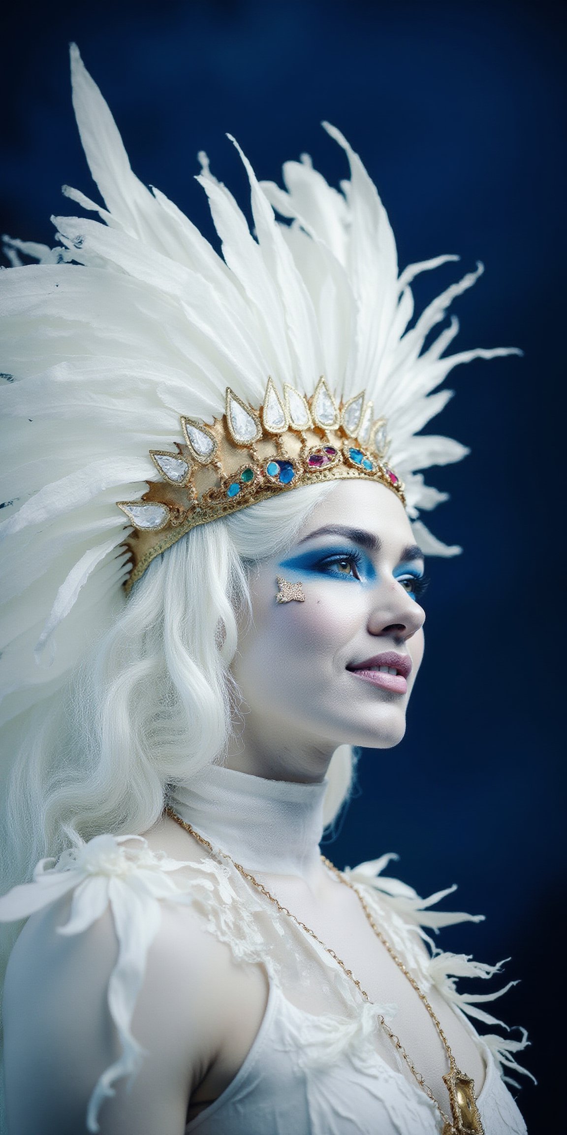 a close-up view of a white Indian figure, adorned with a white headdress adorned with gold accents. The figure's face is adorned with blue eyes, a white crown, and gold accents, adding a touch of contrast to the figure's costume. The headdress is adorned adorned with white feathers, a gold star, and a gold ring. The background is a deep blue, creating a striking contrast with the figure.