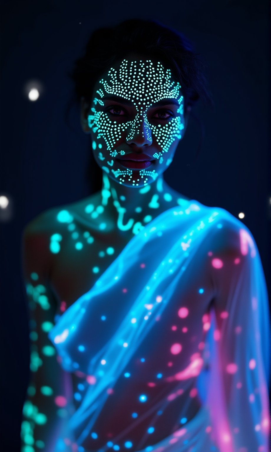 A mystical,  close-up photo of an alien woman with a bioluminescent glow. Her midriff is exposed,  revealing glowing skin...