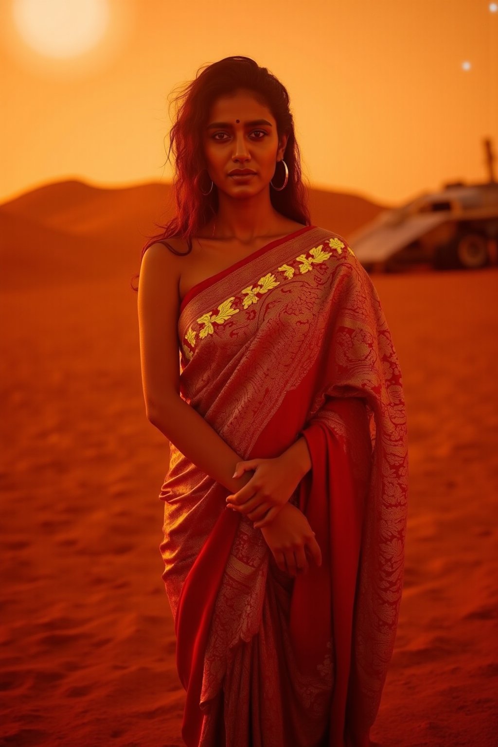 Mars Explorer in Traditional Attire
"A stunning Indian woman stands on the red, rocky surface of Mars, blending elements of her cultural heritage with futuristic technology. Mars rover near She wears a sleek saree, with glowing neon accents:1, customized to reflect traditional Indian motifs, such as intricate gold patterns and a sari-like drape over her shoulder. Her hair wave, mars effect, mars havy sand storm:1.4, revealing a radiant face with sharp, determined eyes. The harsh Martian environment contrasts with her beauty, while the backdrop features the dusty Martian landscape, distant planets, and a futuristic space colony on the horizon. The lighting is dramatic, with warm tones highlighting the red sands of Mars, creating a powerful, cinematic scene captured in ultra-realistic photography."

Details: face texture, perfect eyes, 5 finger on each hands, hair details, costume texture perfect, symmetry, Sharp background,