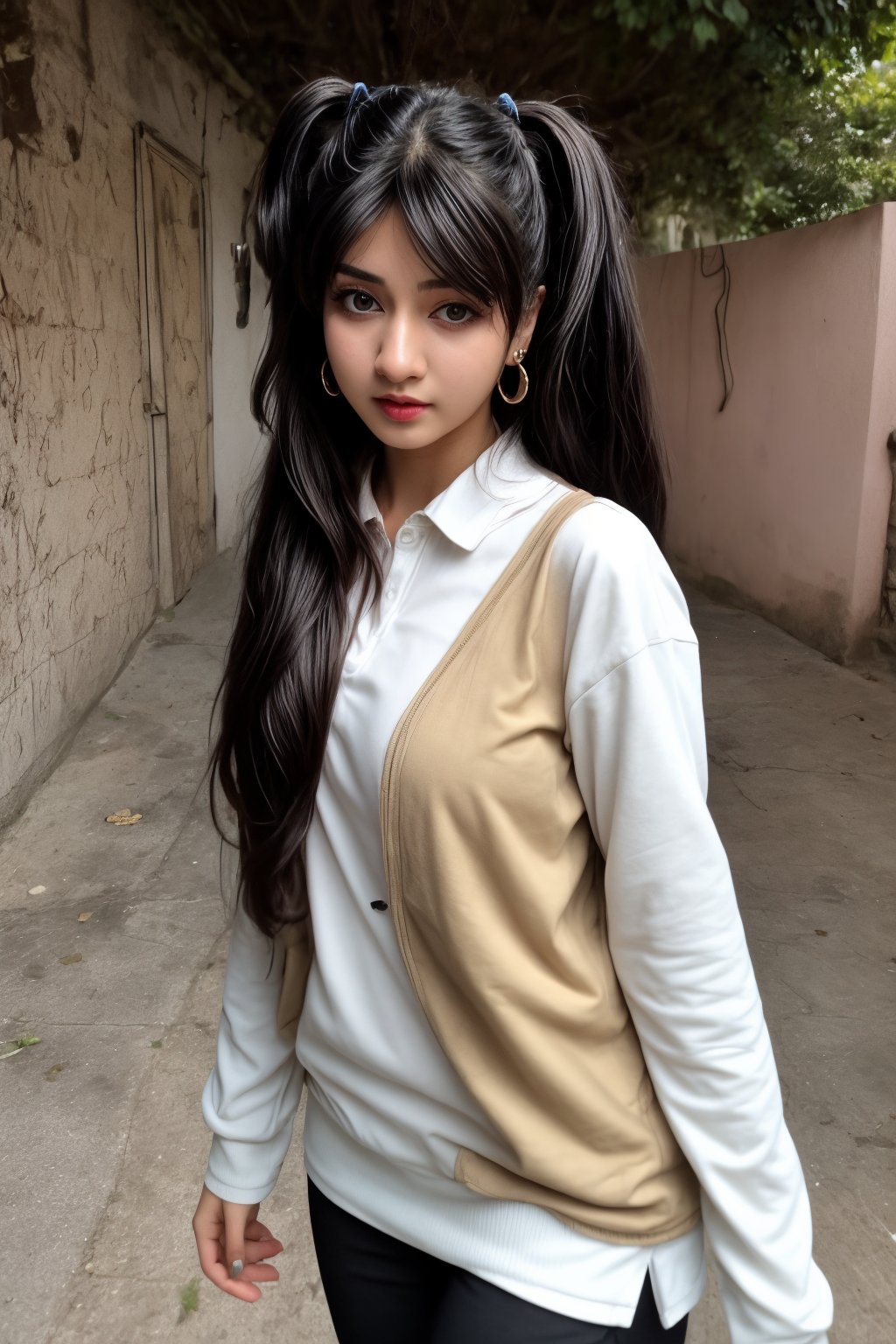 1girl, solo, long hair, black hair, twintails, jewelry, earrings, lips, realistic, beautiful mallu girl, outside, beautiful girl walking on the street , twintail hairstyle,18 years old long hair girl