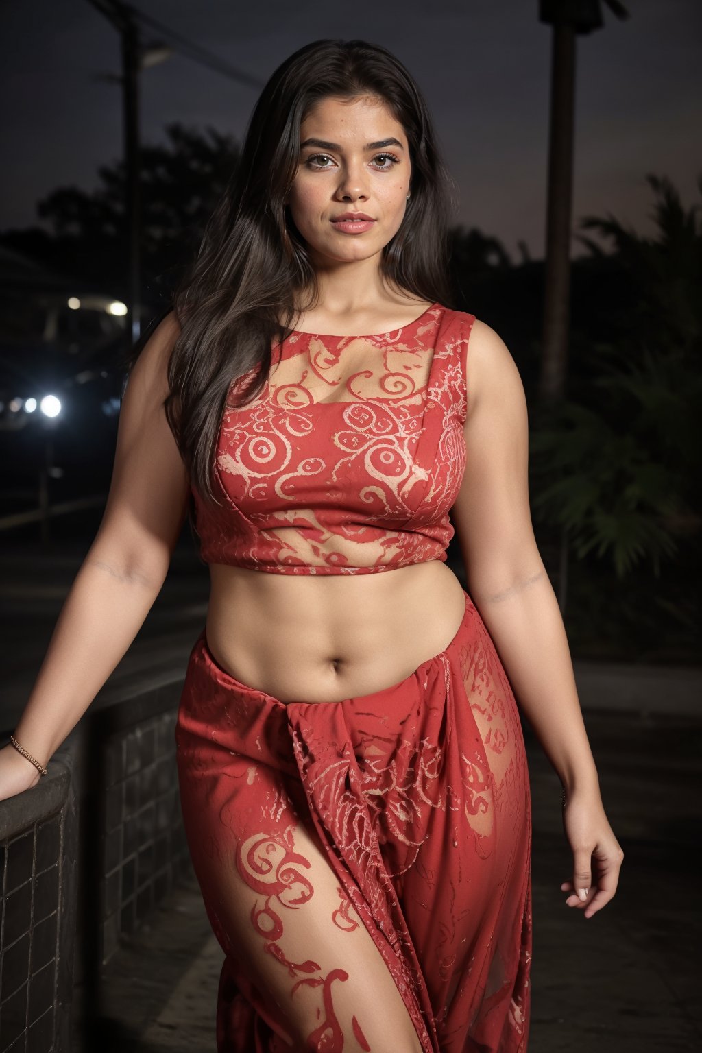 A 25-year-old woman stands confidently in the midst of a vibrant cityscape at night, wearing a striking red dress that hugs her curves. The dress's dynamic design accentuates her toned physique, showcasing a navel piercing adorned with a T-shaped stud. Neon lights from nearby billboards and streetlights dance across her skin and outfit, casting a mesmerizing glow. A soft mist swirls around her, adding an air of mystery to the scene. Her every hair strand, fabric fold, and body contour is rendered in super-realistic detail, drawing the viewer's attention to the intricate design of her navel piercing.