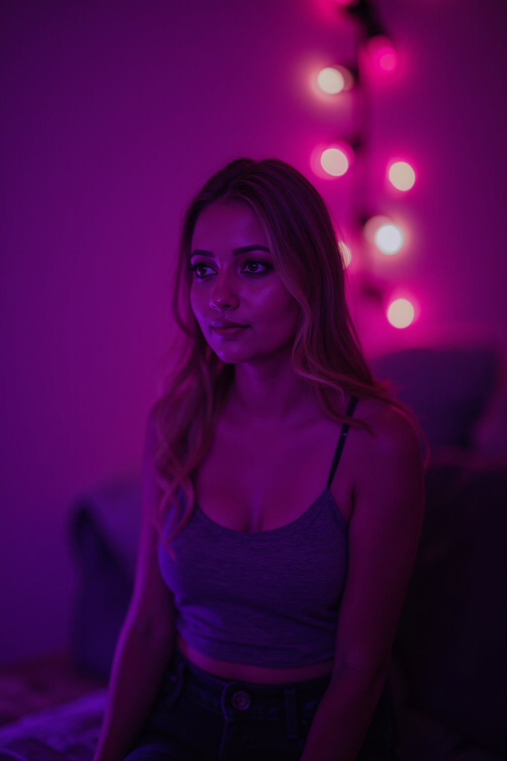 cinematic, A young woman with blonde hair sits in a dimly lit room, illuminated by soft purple and pink lighting. She gazes thoughtfully into the distance, with a bokeh of lights in the background, creating an intimate and contemplative atmosphere., film grain, Short telephoto focal length, shot on ALEXA 65,30yo