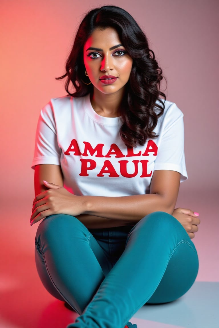 wide and low angle, cinematic, fashion photography. xamala sitting on floor wearing a full size light white t-shirt with big letters \"Amala Paul\" , teal jeans, nice red high heels and a gracious look on her face. The background is a color gradient, her face is lit with cool white light,  studio setting   <lora:xamala-flux-lora:1