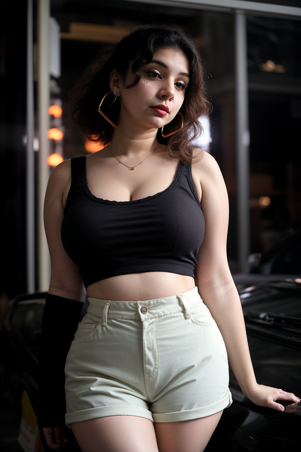 Bra:2, t shirt, Tanktop, plump, Cyberpunk, Neon glow, curvy women:2, milf ,  bubbly, masterpiece, high resolution,  long gown, best quality, 4k, plump face, 38 years old , huge,  women, shorts,  hot pants, thick_hip, solo, beauty photo, amateur photo, skin texture:2, 1girl, eye level, and hoop earrings, red_teal_orange-colored busty ironed straight, stand, room,lighting,photorealistic ,CyberpunkWorld, twin_tailscprebecca,27 year old, dark skin ,Fit girl,Curly girl 