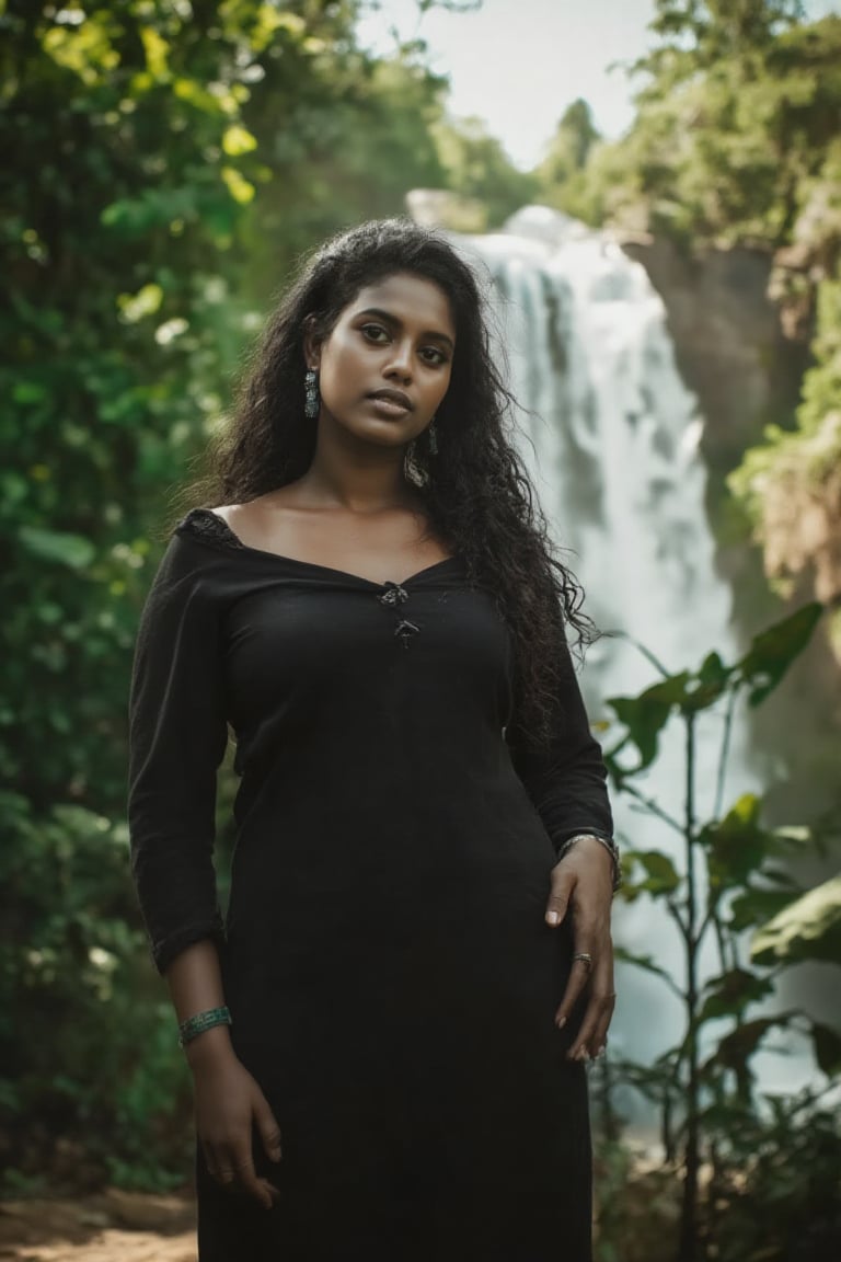 A cinematic shot of a beautiful woman standing near the Athirappilly waterfalls, wearing a modern, elegant bodycon dress. The scene captures perfect detail in her face, especially her expressive eyes and full lips, with precise, realistic shading on her skin. Sunlight filters through the trees, casting rays around her, while leaves drift gently from above. Emphasize the curves and shape of her body, with a focus on realistic lighting and high detail in her costume texture. Photorealistic, dynamic composition, dramatic sunlight.,long_black_hair  medium_brown_skin  almond_eyes,Bangali girl