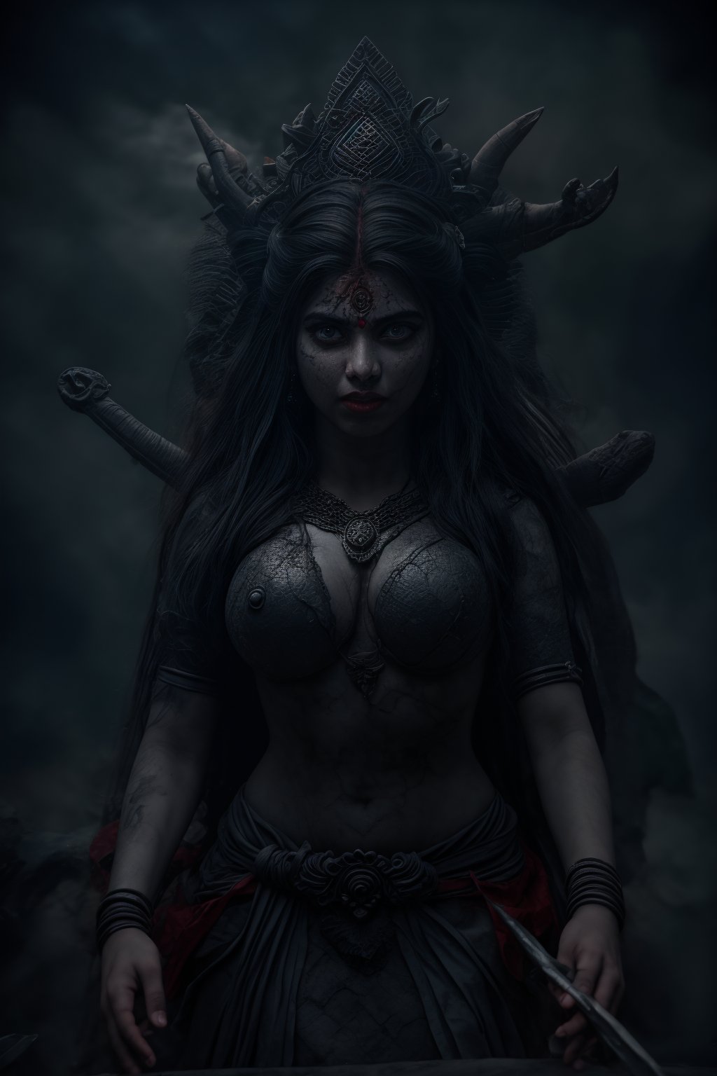 A powerful and terrifyingly beautiful depiction of the Hindu goddess Kali Maa,  portrayed with a perfect hourglass figure...