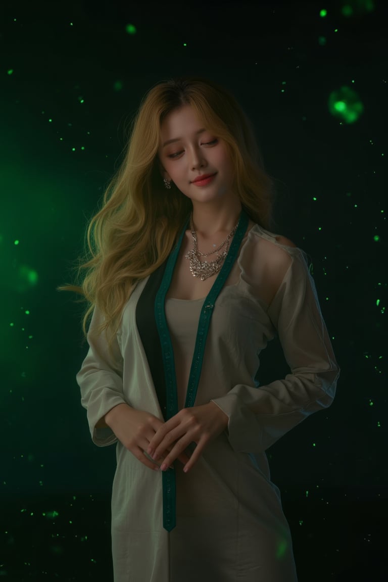 A very bad yet beautiful and charming woman with closed eyes, standing in a black background. She has golden silky hair, luxurious jewelry hairpins, and super gorgeous clothes with a fashionable hairstyle. One hand is on her waist, and she exudes an elegant and friendly smile, looking down at the camera with an unmistakable smile. The light scene features a partially blurred background, highlighting her stunning appearance. Green particles of wavelengths surround her, glowing beautifully and floating in the air. The image is a stunning and attractive masterpiece with 128K resolution, showcasing detailed textures.,Details,skin texture,Fantasy cosplay,Asian,Cosplay costume,Details,skin texture,Fantasy cosplay,Asian 