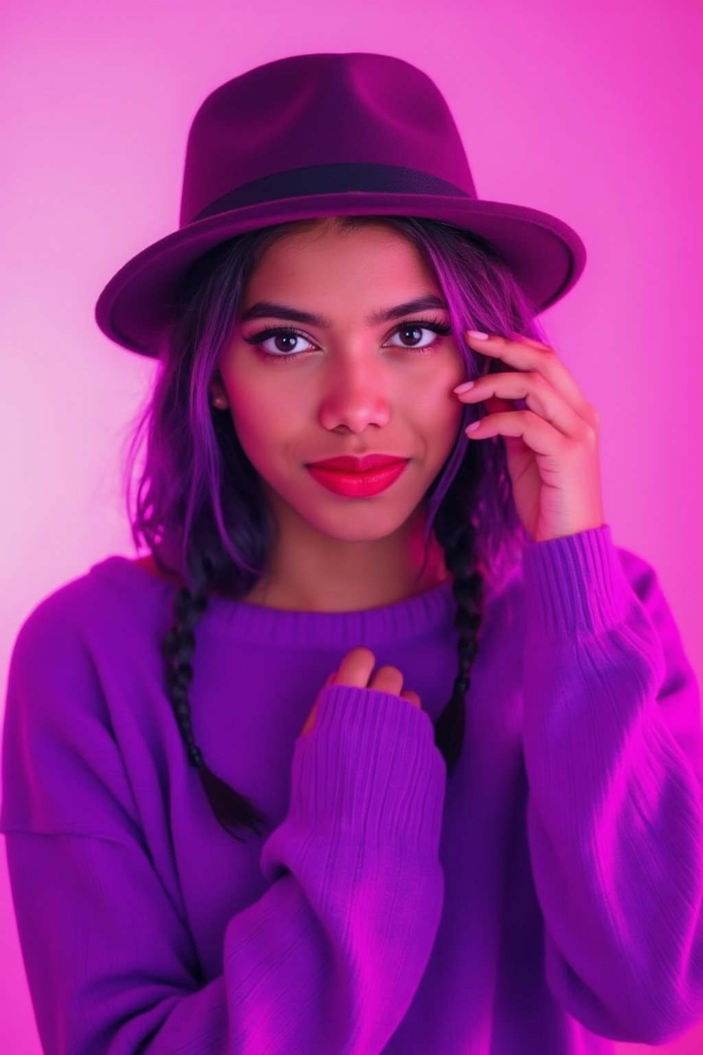 A photorealistic full-body portrait of a stunning 21yo hubggirl with perfect hands. She wears a vibrant purple sweater and double braids adorned with tiny earrings. Her shoulder-length purple hair is styled in intricate braids that cascade down her back. Her eyes are a deep, rich purple, framed by thick eyelashes and subtle makeup. A bold red lip color adds a pop of brightness to the overall gradient background, which transitions seamlessly from pink to purple. The subject's gaze is direct, with a hint of sassiness as she wears a trendy hat and sports a confident smile. Shut up, indeed!,Teenager 