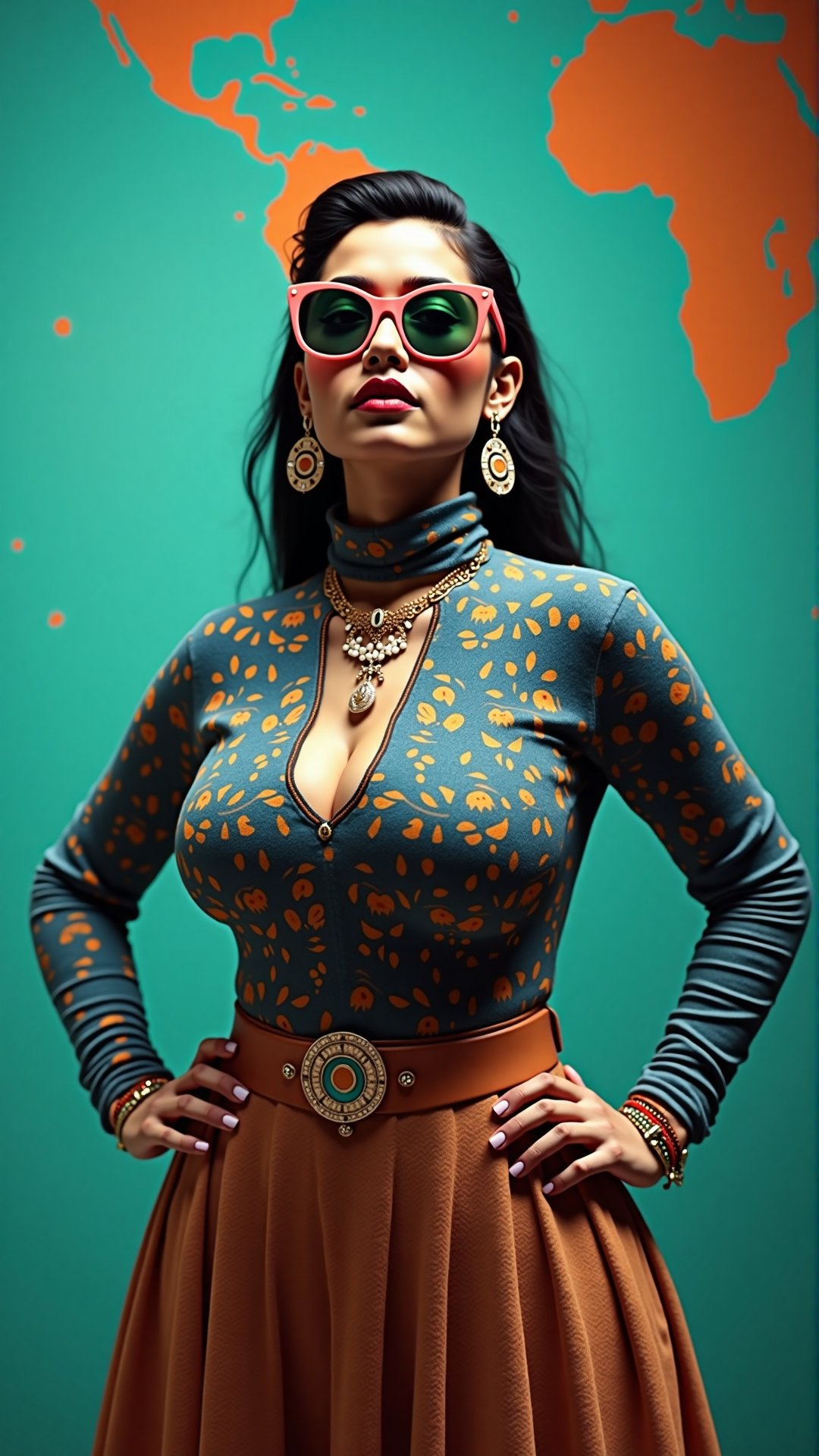 A stylish Mallu girl with a curvy, sexy figure poses confidently in a modern, non-traditional outfit adorned with traditional ornaments. She wears oversized, colorful sunglasses and a bold, patterned turtleneck that stands out against a teal and orange background, graded with cinematic color tones. The scene captures a complex, action-oriented pose reminiscent of cyberpunk themes from Blade Runner and The Matrix, set in a highly stylized, photorealistic CGI environment. The abstract, textured background adds a pop art flair with bold, vibrant colors, enhancing the modern, high-quality 32K masterpiece. Studio lighting accentuates every detail, bringing a mix of traditional elements and futuristic vibes together in this dynamic composition, 

bad quality, worst quality, text, signature, watermark, extra limbs, low resolution, partially rendered objects, deformed or partially rendered eyes, deformed, deformed eyeballs, cross-eyed, blurry,Payal