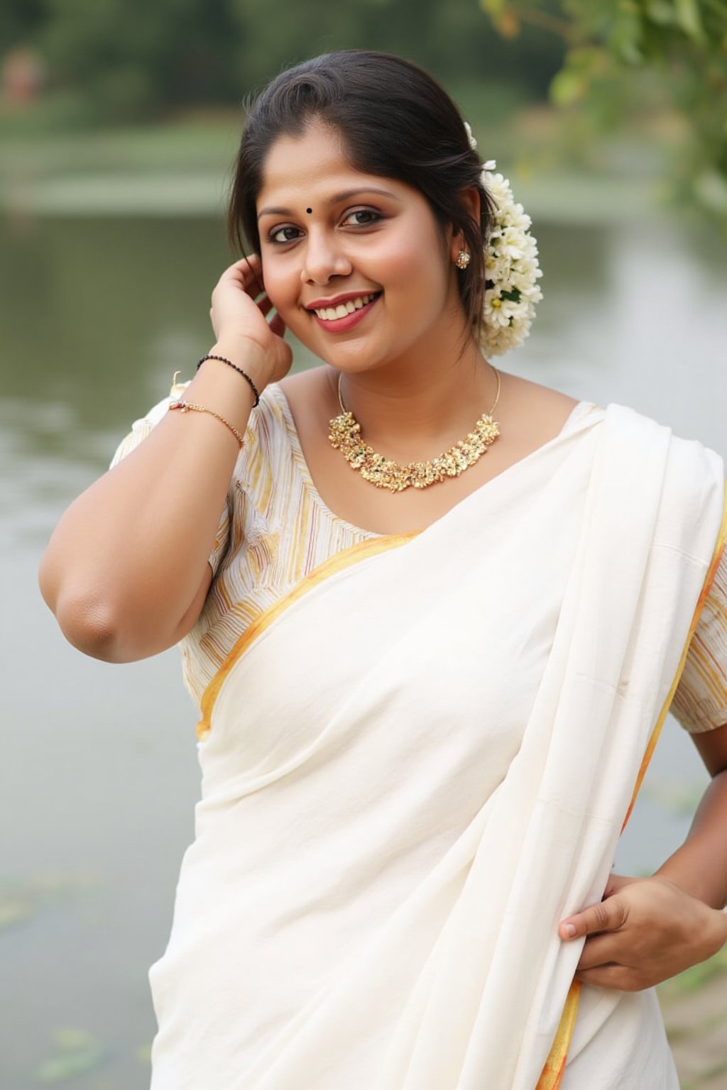 a woman dressed in a white saree adorned with gold bands and a gold necklace. She is adorned with a gold ring, earrings, and a garland of white flowers. Her hair is styled in a sleek bob, and she is smiling. The saree is draped over her left shoulder, adding a touch of contrast to her outfit. The backdrop is blurred, suggesting a natural setting.,Payal,Mallu beauty 