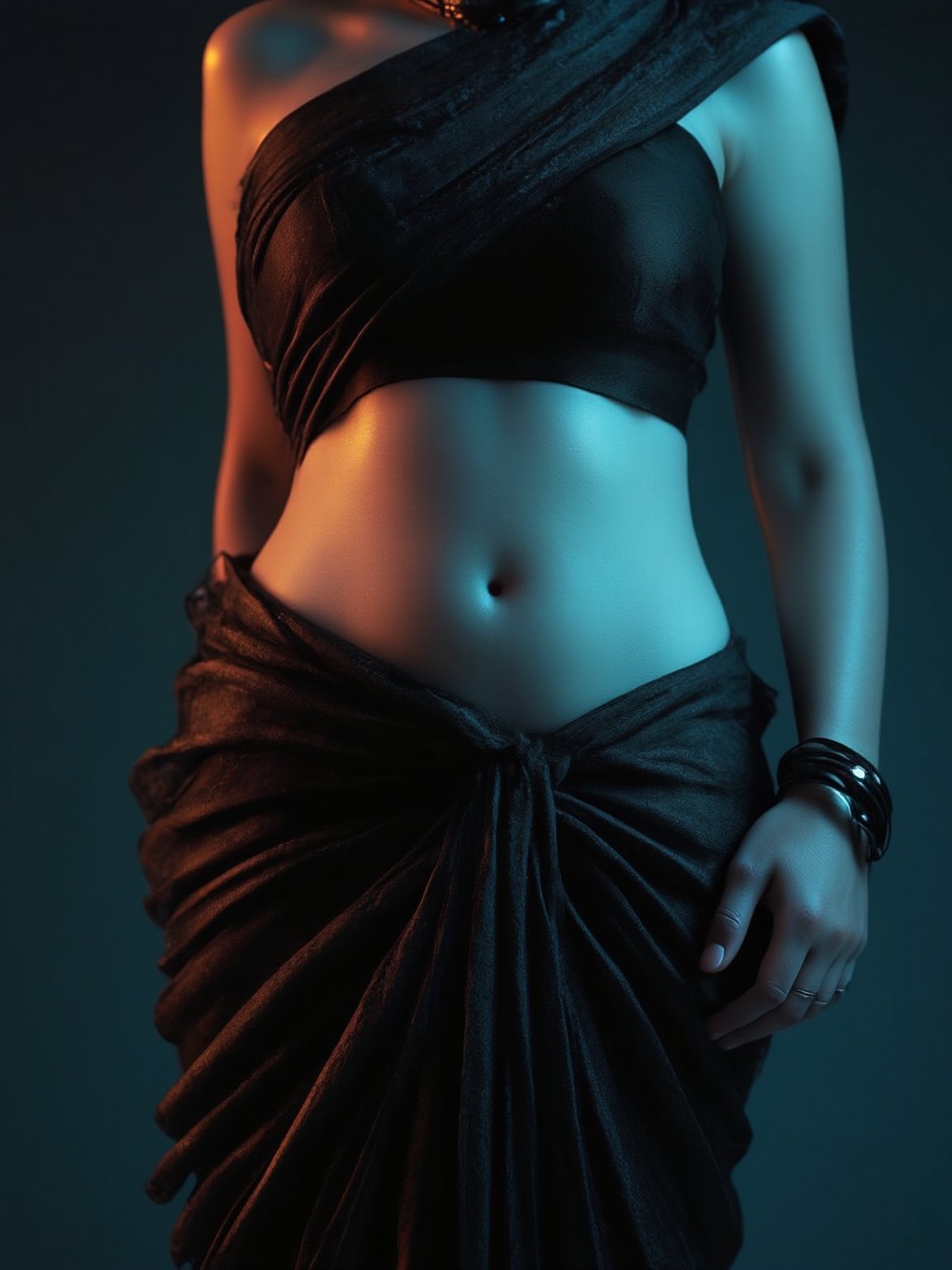 Futuristic, a mallu woman, in saree, navel. Full body, midriff exposed navel show, Cinematic colour grading, teal and orange lighting, Cyberpunk city realistic photography, 
fantasy beauty, biochemiluminescence, art nouveau, bright colors,  detailed textures, high quality, high resolution, high precision, realism , color correction, proper lighting settings, harmonious composition, Behance works,Details,Details,Texture,Details,weird_futuristic_fashion,Cosplay,Traditional,AnadeArmasFlux,Futuristic 