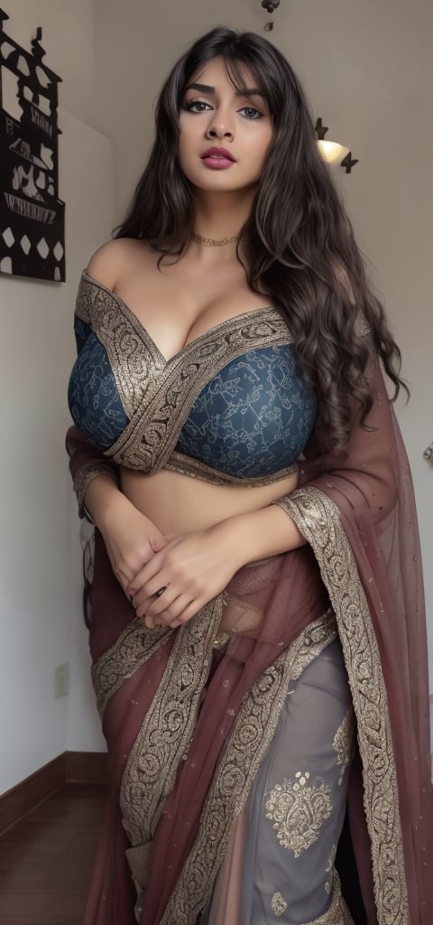 (masterpiece, best quality, ultra-detailed, 8K),high detail, realisitc detailed, a beautiful young indian girl curvy body with long flowy black hair over shoulders in the dark, wearing a full tight indian lacy net multi color saree fully see through dress in wedding palace tempting manner, blue eyes, pale soft skin, kind smile, glossy lips, a serene and contemplative mood, red lips,hd makeup,Indian,(blue eyes)(temptaation shy manner)