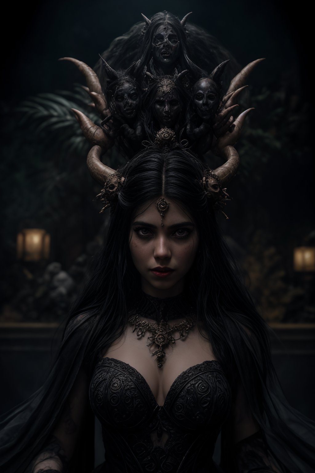 A powerful and terrifying portrayal of the Hindu goddess Kali Maa,  depicted with either black or dark blue skin that radi...