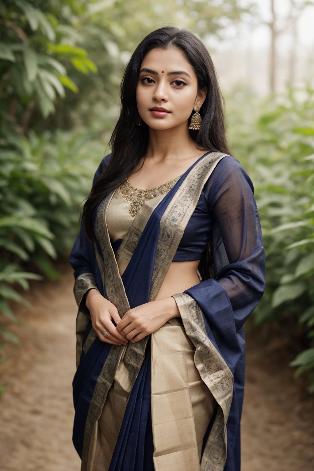 Saree, 1girl, solo, long hair, black hair, long sleeves, traditional , dress, jewelry, earrings, outdoors, blurry, looking to the side, purple dress, realistic,This breathtaking photograph, shot on a Canon 1DX with a 50 mm f/2.8 lens, beautifully showcases the raw and authentic beauty of life. high resolution 8k image quality,Saree