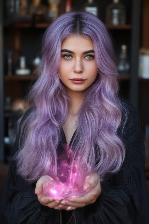 long wavy lavender haired beautiful witch with emerald green eyes and weaving a spell causing pink magical particles to appear iover her head between her hands. background in a witch alchemy lab.,Girl16yo