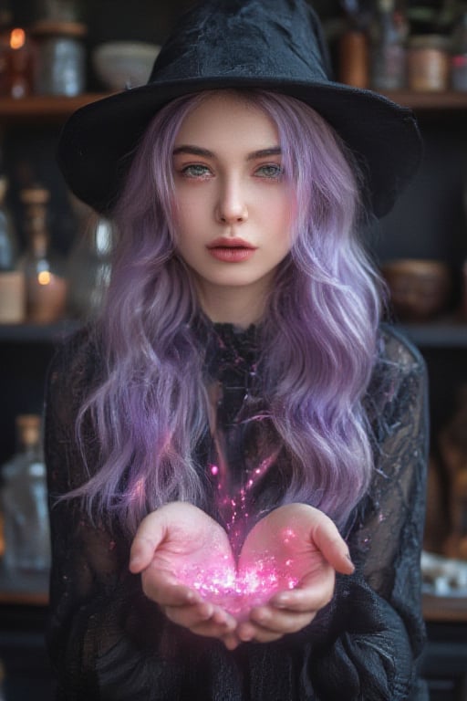 long wavy lavender haired beautiful witch with emerald green eyes and weaving a spell causing pink magical particles to appear iover her head between her hands. background in a witch alchemy lab.,Girl16yo