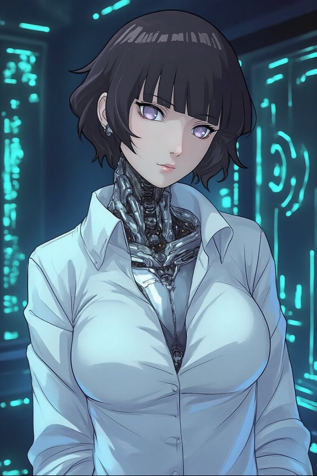 Huyuga hinata, Cyberpunk female android wearing a white shirt, ((The shirt is wet and transparent)),see-through clothes, A cybernetic body can be seen underneath, light reflecting off the mirrored mechanical body, short wavy brown hair, and piercing eyes. Mechanical neck and chest with intricate details. Futuristic background with holographic elements. Anime style, high-contrast lighting, detailed mechanical parts, elegant yet robot-like poses, and a sophisticated and mysterious atmosphere.