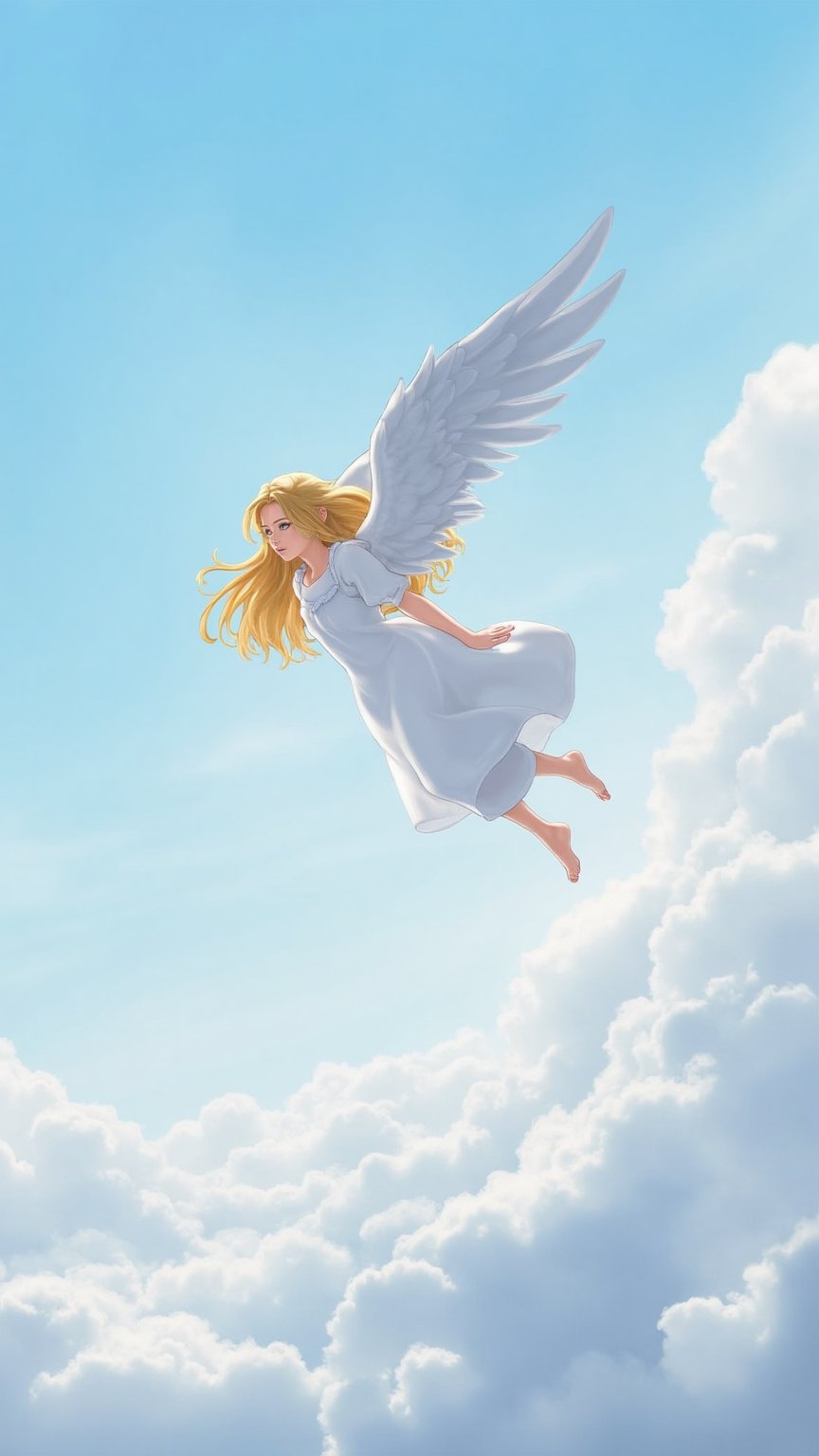 1girl, solo, long hair, blonde hair, dress, closed eyes, wings, sky, barefoot, pants, cloud, white dress, cloudy sky, feathered wings, floating, flying, angel wings, angel, above clouds