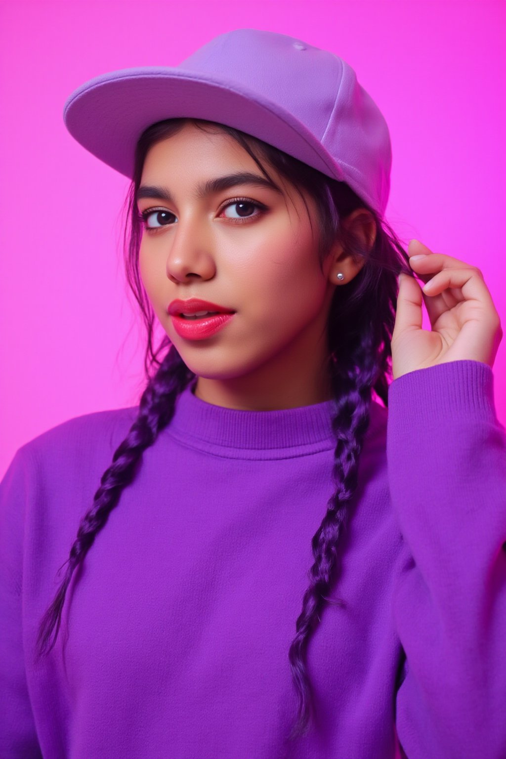 A photorealistic full-body portrait of a stunning 21yo hubggirl with perfect hands. She wears a vibrant purple sweater and double braids adorned with tiny earrings. Her shoulder-length purple hair is styled in intricate braids that cascade down her back. Her eyes are a deep, rich purple, framed by thick eyelashes and subtle makeup. A bold red lip color adds a pop of brightness to the overall gradient background, which transitions seamlessly from pink to purple. The subject's gaze is direct, with a hint of sassiness as she wears a trendy hat and sports a confident smile. Shut up, indeed!,Teenager 