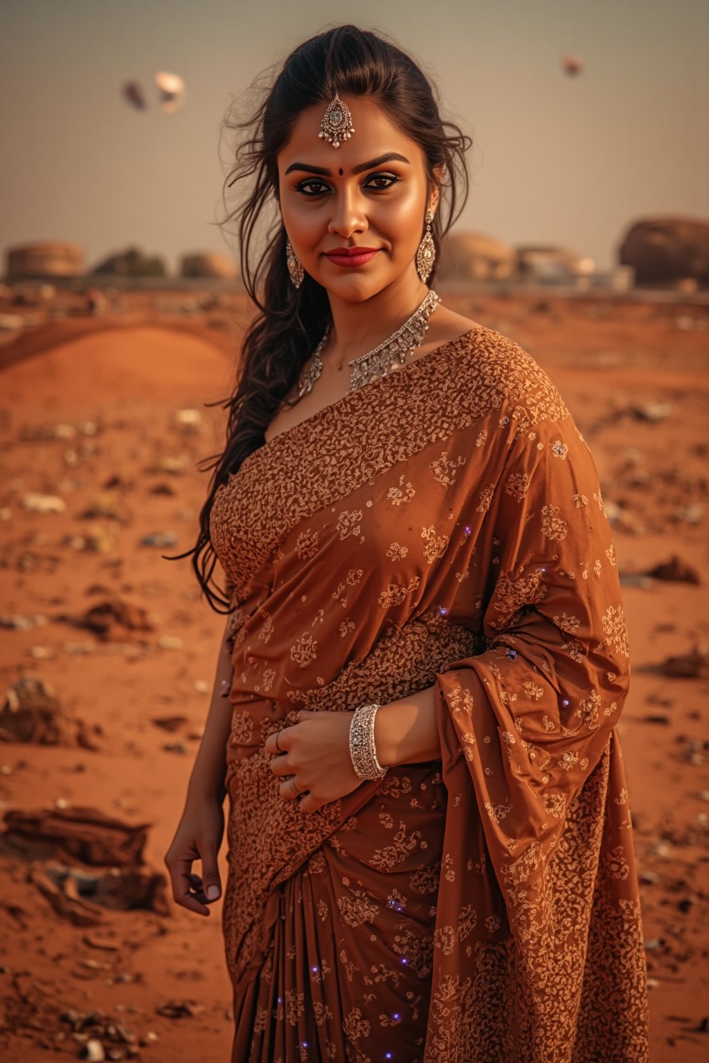 Mars Explorer in Traditional Attire
"A stunning Indian woman stands on the red, rocky surface of Mars, blending elements of her cultural heritage with futuristic technology. Mars rover near She wears a sleek saree, with glowing neon accents:1, customized to reflect traditional Indian motifs, such as intricate gold patterns and a sari-like drape over her shoulder. Her hair wave, mars effect, mars havy sand storm:1.4, revealing a radiant face with sharp, determined eyes. The harsh Martian environment contrasts with her beauty, while the backdrop features the dusty Martian landscape, distant planets, and a futuristic space colony on the horizon. The lighting is dramatic, with warm tones highlighting the red sands of Mars, creating a powerful, cinematic scene captured in ultra-realistic photography."

Details: face texture, perfect eyes, 5 finger on each hands, hair details, costume texture perfect, symmetry, Sharp background,