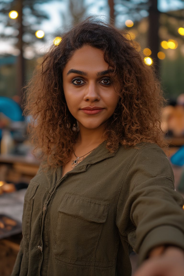 Generate an image of a stunning 38-year-old women, blending Black and Spanish heritage. She has fluffy curly golden brown hair, Type 4 hair, lush and vibrant, falling in loose waves down her back.

Setting:
- Outdoor: A serene mountain campsite at dusk, mountain view
- Soft, warm lighting with subtle shadows and twinkling string lights
- Tall trees surrounding a cozy clearing, with a crackling campfire and rustic wooden benches
- Camping gear and equipment subtly integrated into the scene

Physical Description:
- Fair skin with a subtle, sun-kissed glow
- Bright, expressive hazel eyes
- olive, dark Italian skin

Outfit:
- Comfortable, green earth-toned camping shirt (flannel or fleece)
- Practical hiking pants or leggings
- Warm, cozy cardigan 
- Sturdy hiking boots

Style:
-Effortless, coastal chic
- Confident, carefree, innocent pose

Mood:
- Serene, joyful, and radiant
- Capturing the essence of a relaxed summer afternoon
Inspired by singer Tyla's vibrant energy and style, create a breathtaking image that embodies beauty, elegance, and a laid-back coastal vibe.