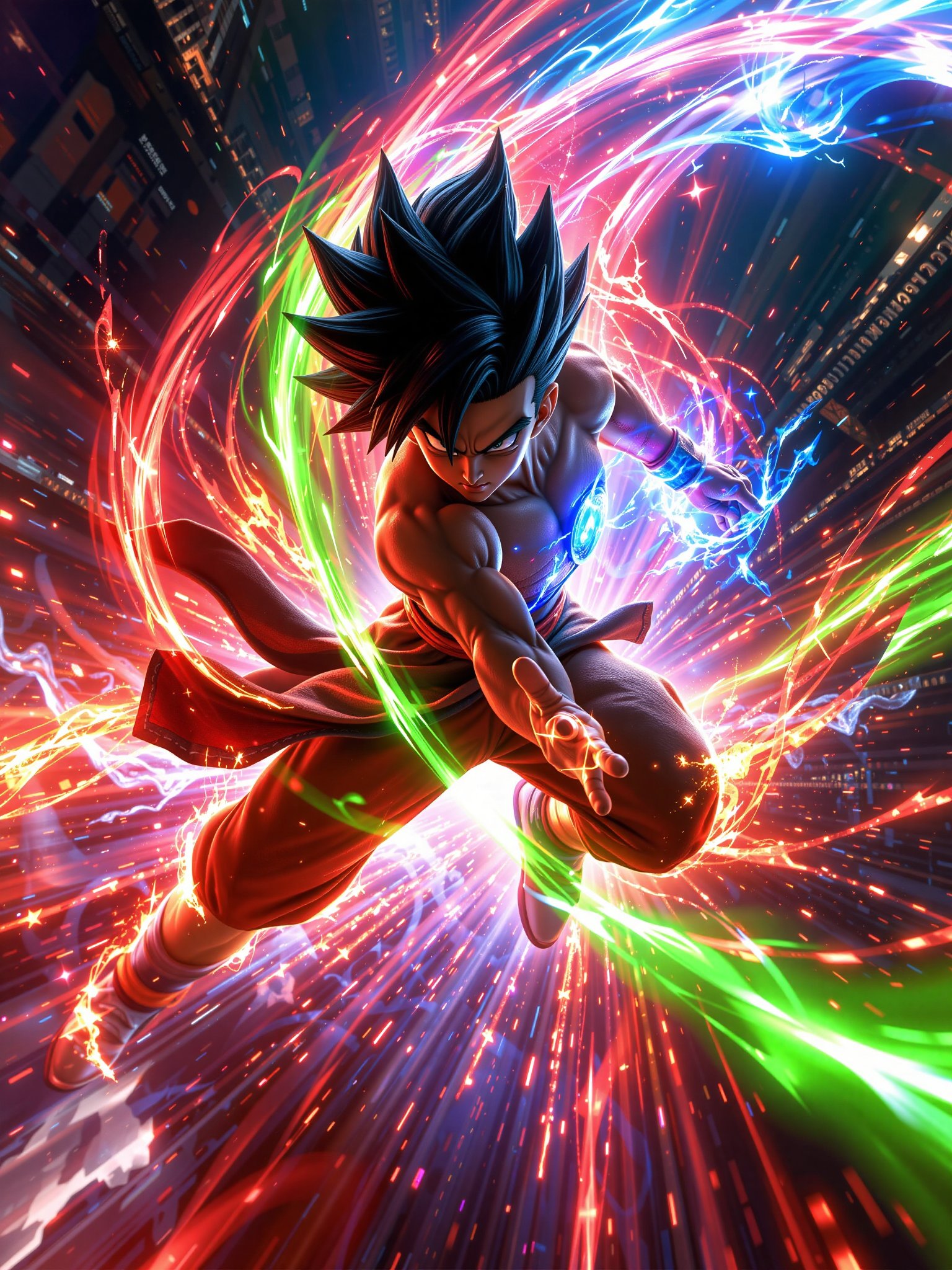 CGI character in a dynamic action pose with powerful red,  green,  and blue chakra flowing from their body by AI factory o...