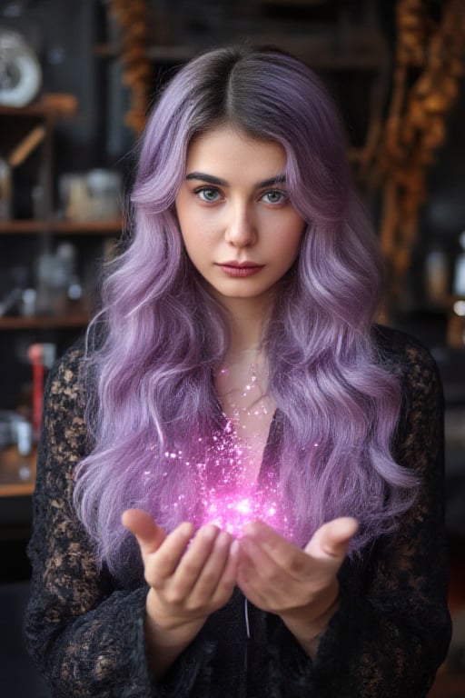 long wavy lavender haired beautiful witch with emerald green eyes and weaving a spell causing pink magical particles to appear iover her head between her hands. background in a witch alchemy lab.,Girl16yo