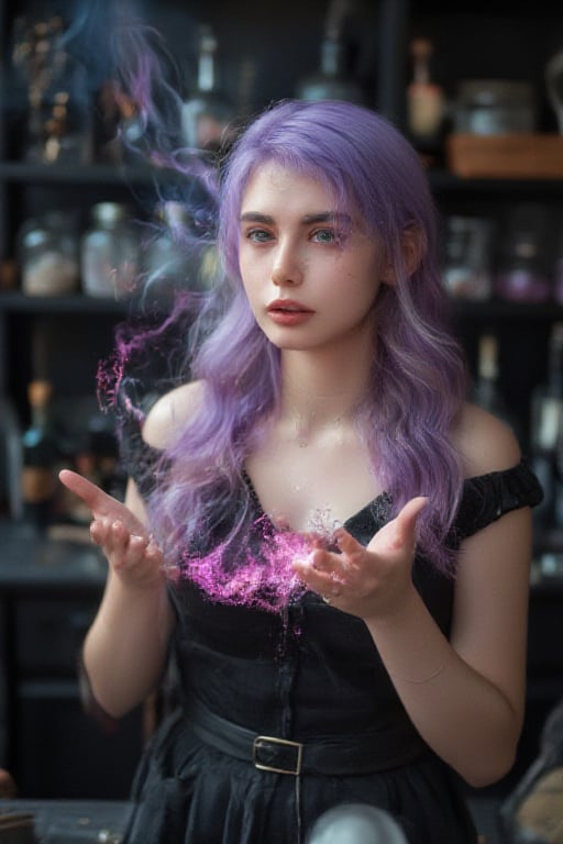 long wavy lavender haired beautiful witch with emerald green eyes and weaving a spell causing pink magical particles to appear iover her head between her hands. background in a witch alchemy lab.,Girl16yo