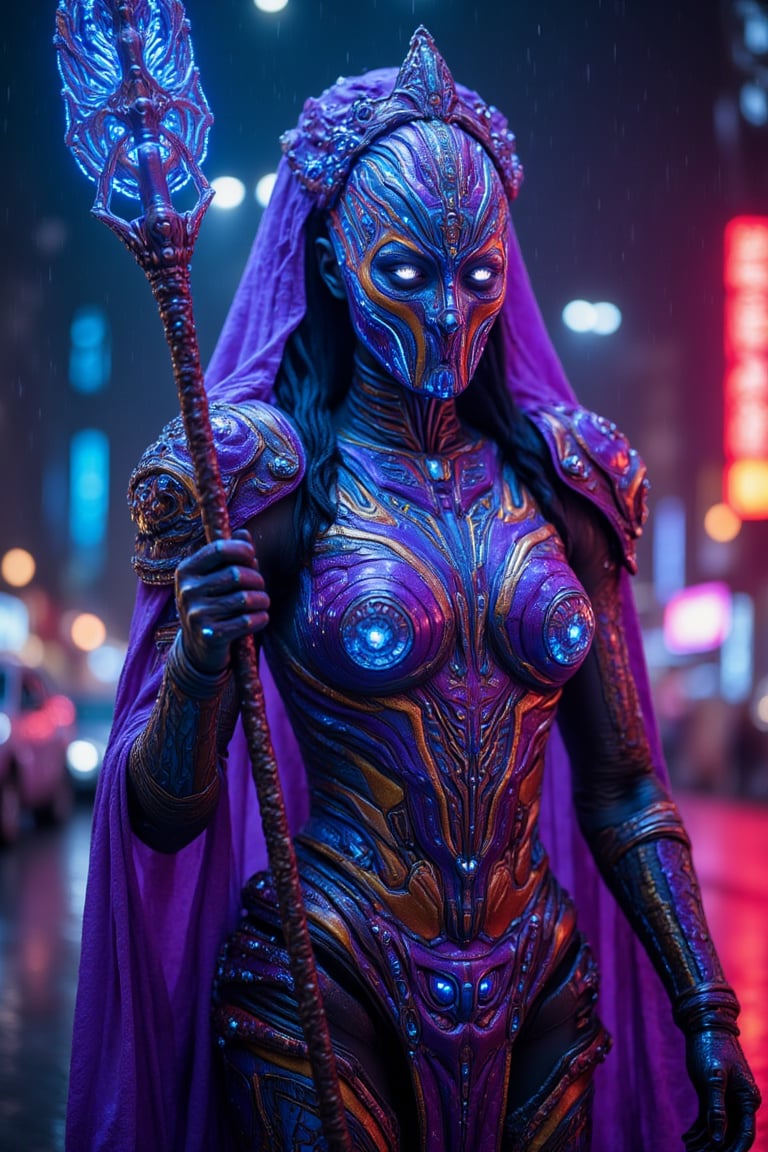 The cyberpunk empress, Extreme Upper Body Closeup Portrait, Neon blue and purple color graded, Face partially covered by robotic casing, , analog Photo of a fierce armored cyber warrior with a staff entwined with glowing digital symbols, action pose, featuring a relentless, translucent armour and clothing, a cape. She is depicted in a rainy city with a digital sky. The glowing neon outlines define the rugged lines of her form, reflective armor. The armor includes a rich purple chest piece with detailed hieroglyphic patterns.,NivethaPethurajFlux