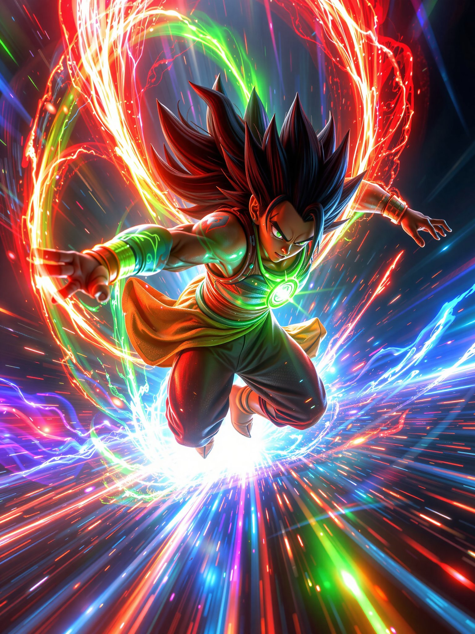 CGI character in a dynamic action pose with powerful red,  green,  and blue chakra flowing from their body by AI factory o...