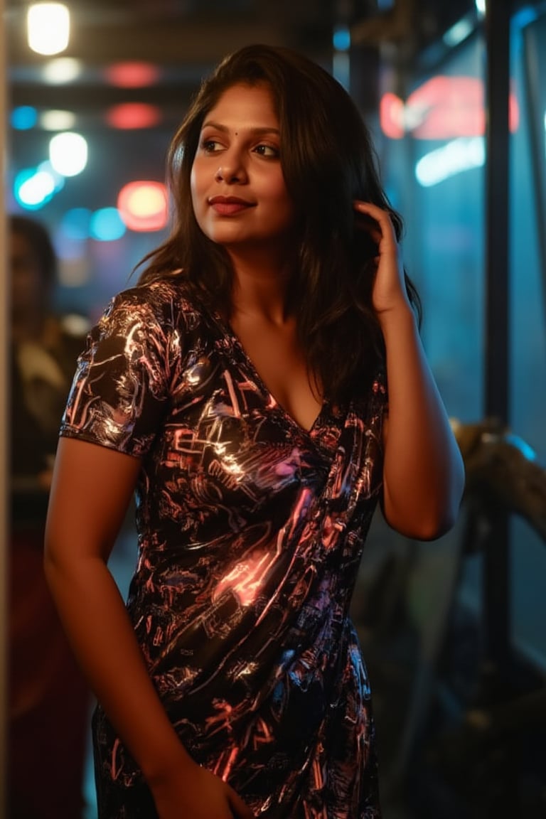 A woman posing confidently, radiant in a metallic dress with digital patterns and neon accents, against a blurred backdrop of vintage circuitry and neon lights. Soft, warm lighting highlights her features,  reflecting a digital glow. Her stylish gaze is set off by the retro-futuristic atmosphere, as if stepping out of a 1980s time capsule.,NeemoFairy,Liminal Space,Ambience Steampunk,Mallu beauty 