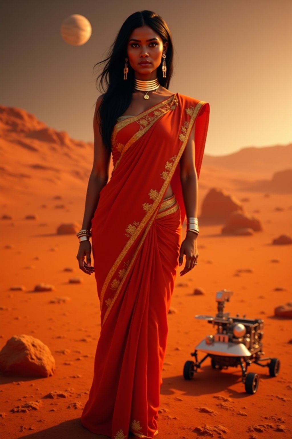 Mars Explorer in Traditional Attire
"A stunning Indian woman stands on the red, rocky surface of Mars, blending elements of her cultural heritage with futuristic technology. She wears a sleek, saree, with glowing neon accents, customized to reflect traditional Indian motifs, such as intricate gold patterns and a sari-like drape over her shoulder. Rover bihind Her,  revealing a radiant face with sharp, determined eyes. The harsh Martian environment contrasts with her beauty, while the backdrop features the dusty Martian landscape, distant planets, and a futuristic space colony on the horizon. The lighting is dramatic, with warm tones highlighting the red sands of Mars, creating a powerful, cinematic scene captured in ultra-realistic photography.",Futuristic 