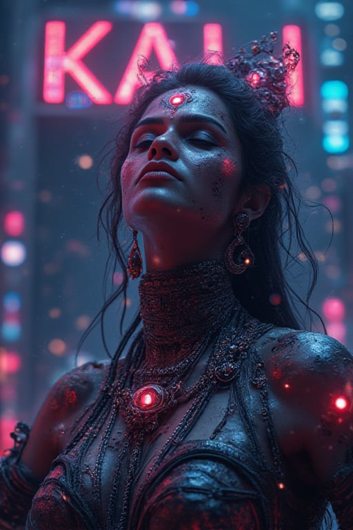 Design a cyberpunk-style movie poster with the title "KALI" prominently displayed in bold, futuristic letters at the top. The central focus of the poster is a close-up of a cyberpunk Asian female android, her face a blend of human-like features and sleek, metallic components. She has a serene expression with her eyes closed, as if in a meditative state, connected to a digital or virtual world. Her synthetic skin has intricate glowing patterns, and her hair is styled in a futuristic, sleek cut.

The background features a dark, neon-lit cityscape typical of a cyberpunk world, with vibrant colors like blues, purples, and pinks illuminating the scene. There are towering skyscrapers, holographic advertisements, and subtle rain effects to add depth and atmosphere. The android's surroundings are filled with digital particles and soft light trails, enhancing the dreamlike and futuristic feel of the poster.

The title "ai patapperukki" should be prominently displayed, glowing with neon lights, possibly casting a soft glow over the poster. The overall design should evoke a sense of futuristic mystery and the merging of technology with human consciousness

 A powerful and terrifyingly beautiful depiction of the Hindu goddess Kali Maa, portrayed with a perfect hourglass figure and a dark, foreboding atmosphere. She has black or blue skin, with her third eye prominently displayed on her forehead, radiating fierce energy. Her 10 hands are spread out:1.4, each holding a different mythological weapon or symbolic item, such as a skull and traditional Hindu weapons. Kali Maa is adorned with gold and traditional ornaments, including necklaces, bangles, and anklets that gleam against her dark skin. Her attire is a traditional cracked saree, worn in a way that reveals her powerful and curvaceous form. Her hair is wild and dirty, flowing around her like a storm, adding to her fearsome presence. The scene is set on a dark, horror-themed night, with a cinematic atmosphere and dramatic color grading that emphasizes the intensity and otherworldly power of the goddess. The lighting casts deep shadows and highlights her divine yet terrifying beauty. The background is ominous, filled with swirling mists and dark clouds, enhancing the sense of dread and reverence. The overall image is detailed, with intricate textures and rich colors, creating a visually stunning and awe-inspiring portrayal of Kali Maa, the goddess of time, death, and destruction.,Goddess Kali,Horror,Indian goddess,  