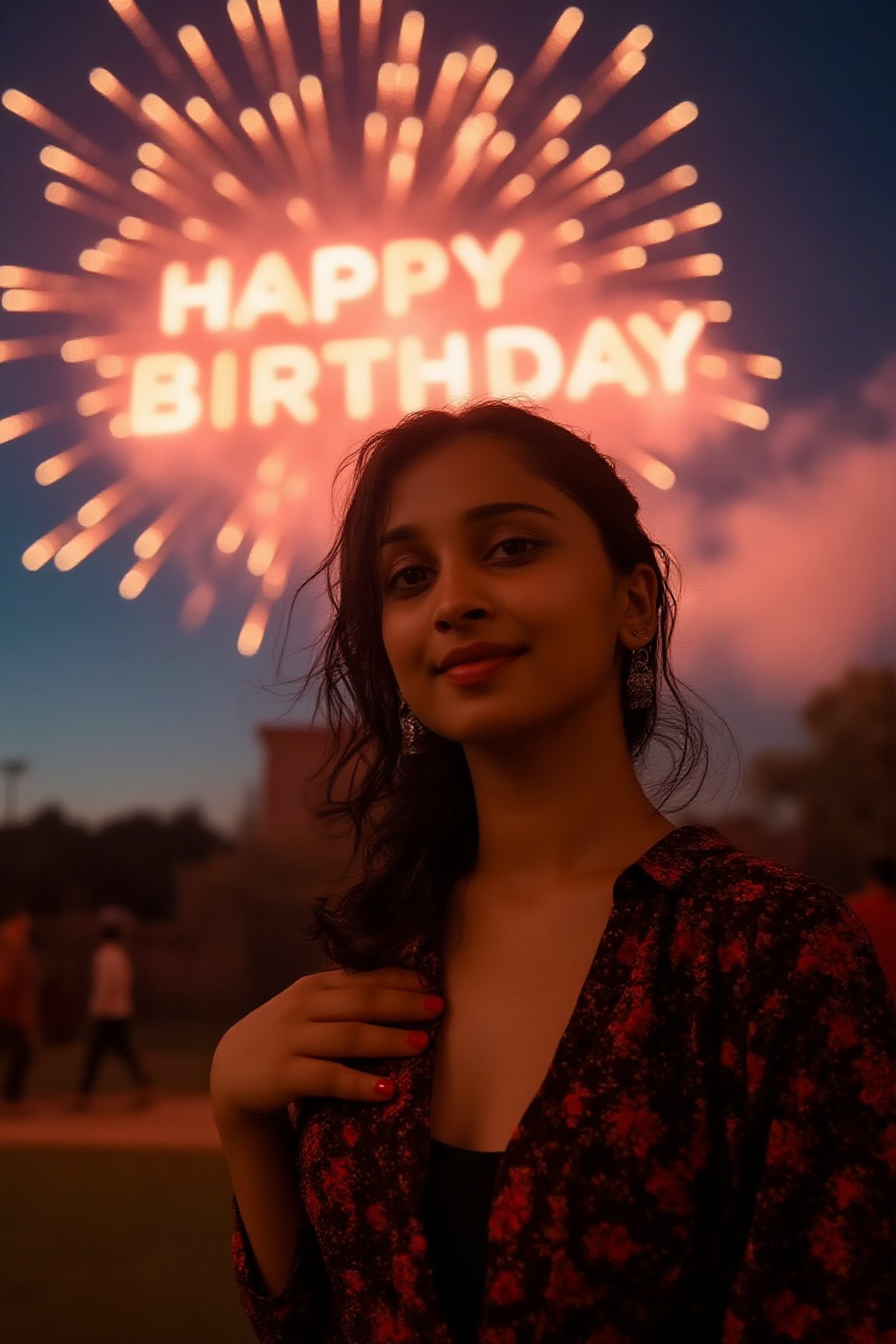 A beautiful 23-year-old birthday girl, standing outdoors under the night sky, looking directly at the camera, fireworks exploding in the sky, spelling out "Happy Birthday" in bright letters, shot on an ARRI Alexa XT cinematic camera, ultra-high-definition, soft lighting highlighting her face and features, joyful expression, cinematic atmosphere, vibrant colors from the fireworks reflecting on her, detailed textures and perfect lighting for a dramatic and celebratory scene.,Size 32 25 34,23 yo women,Mallu.,23 yo women 