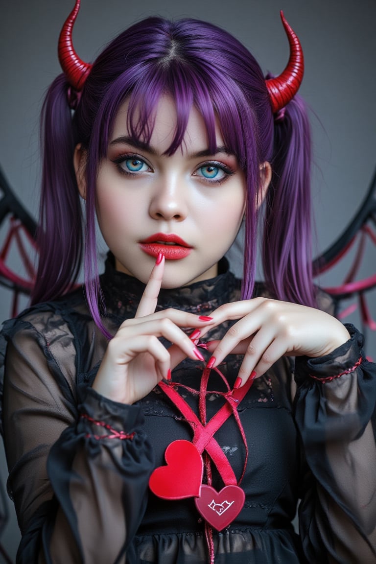 1girl, solo, looking at viewer, blue eyes, twintails, purple eyes, purple hair, heart, wings, horns,Cosplay,35mm photo,Realistic photography 