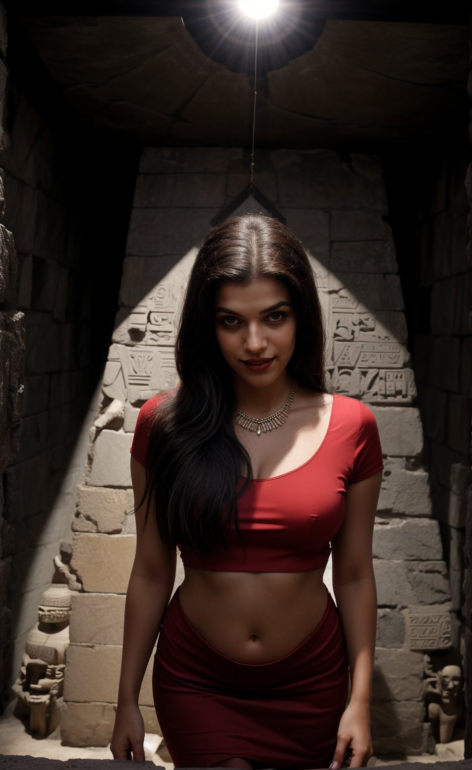 In a ancient pyramid Egypt, A mysterious figure emerges from the shadows. A 28-year-old woman with brown skin and long black hair stands confidently, curvy girl, navel, standing:1, spot light on face:1, inside a piramid:1, shot from above, fucus face from above angle, her piercing gaze meeting the viewer's as a gentle smile spreads across her face. She wears a stunning red dress that clings to her curves, its hemline grazing her midriff. A necklace glimmers around her neck, complemented by a bracelet that adorns her wrist. The dim light casts an eerie atmosphere, with the subject's features slightly blurred, as if shrouded in mystery. Spot light Light on face and body:1,  