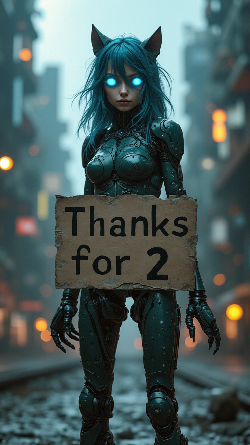 A cybernetic girl with glowing blue eyes and mechanical limbs, standing in the heart of a surreal biomorphic city.she holds a sign that reads "Thanks for 2" in bold, fantasy-style lettering.