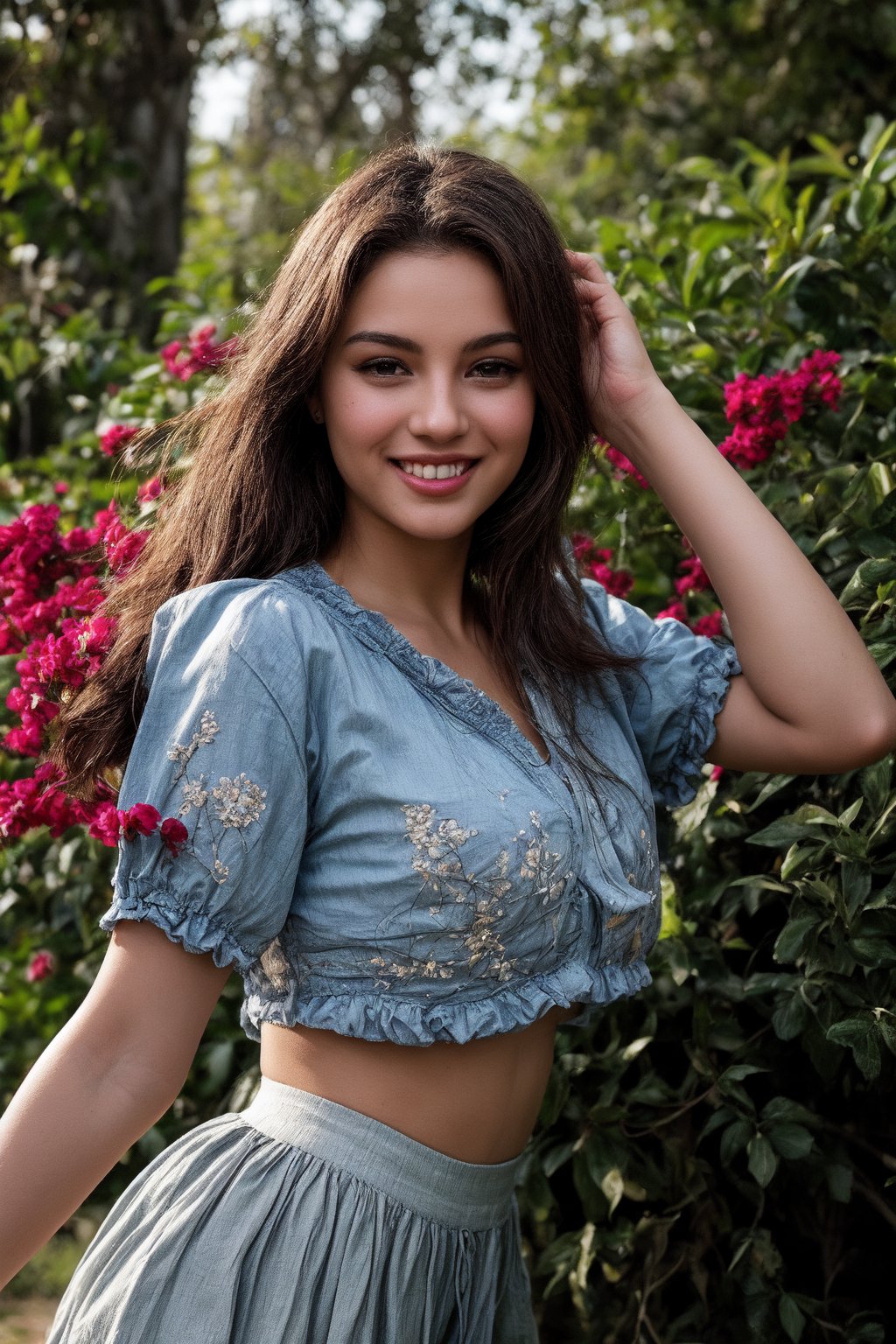 A stunning young woman in a traditional argentina national costume adorned with intricate embroidery and ornaments, beaming with a warm smile as she poses amidst the vibrant blooms of a botanical garden on a radiant sunny day. Her big eyes sparkle like diamonds against the soft, golden light, while the lush greenery and colorful flowers create a lush backdrop for her elegant beauty.,Big eyes ,Plump chubby