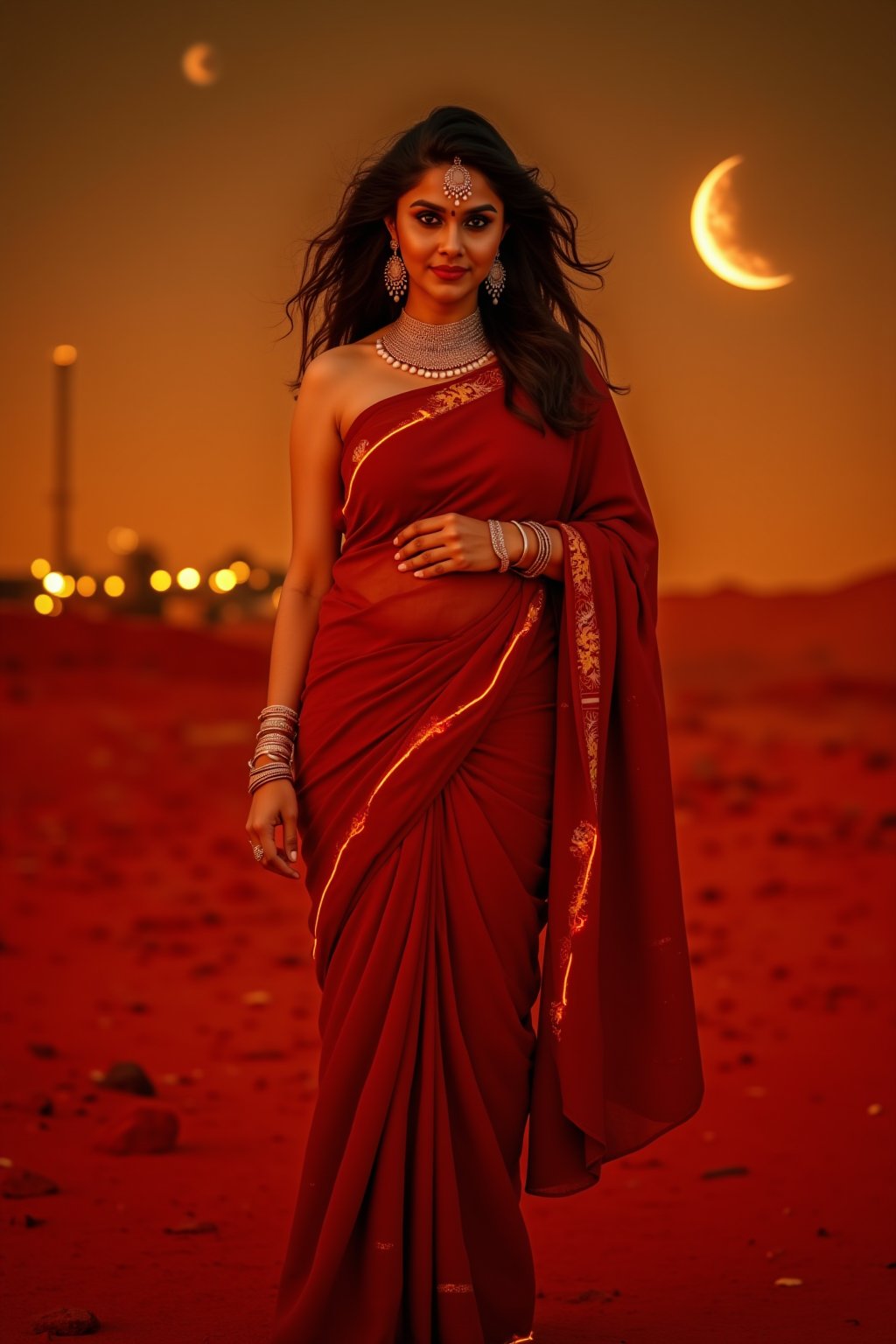 Mars Explorer in Traditional Attire
"A stunning Indian woman stands on the red, rocky surface of Mars, blending elements of her cultural heritage with futuristic technology. Mars rover near She wears a sleek saree, with glowing neon accents:1, customized to reflect traditional Indian motifs, such as intricate gold patterns and a sari-like drape over her shoulder. Her hair wave, mars effect, mars havy sand storm:1.4, revealing a radiant face with sharp, determined eyes. The harsh Martian environment contrasts with her beauty, while the backdrop features the dusty Martian landscape, distant planets, and a futuristic space colony on the horizon. The lighting is dramatic, with warm tones highlighting the red sands of Mars, creating a powerful, cinematic scene captured in ultra-realistic photography."

Details: face texture, perfect eyes, 5 finger on each hands, hair details, costume texture perfect, symmetry, Sharp background,