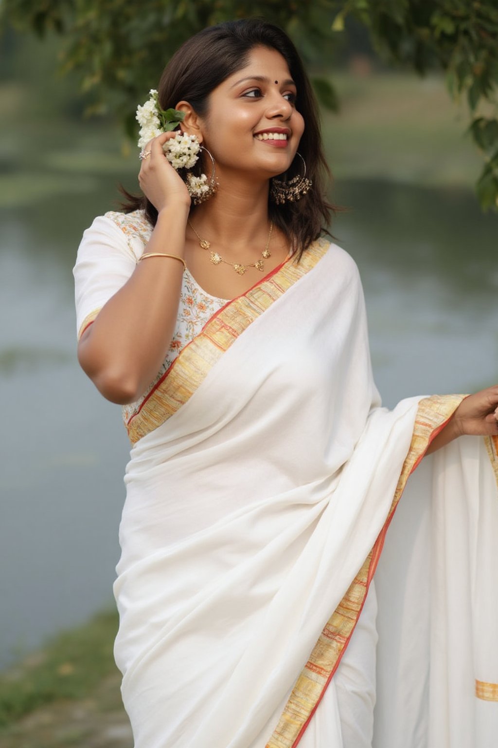 a woman dressed in a white saree adorned with gold bands and a gold necklace. She is adorned with a gold ring, earrings, and a garland of white flowers. Her hair is styled in a sleek bob, and she is smiling. The saree is draped over her left shoulder, adding a touch of contrast to her outfit. The backdrop is blurred, suggesting a natural setting.,Payal,Mallu beauty 