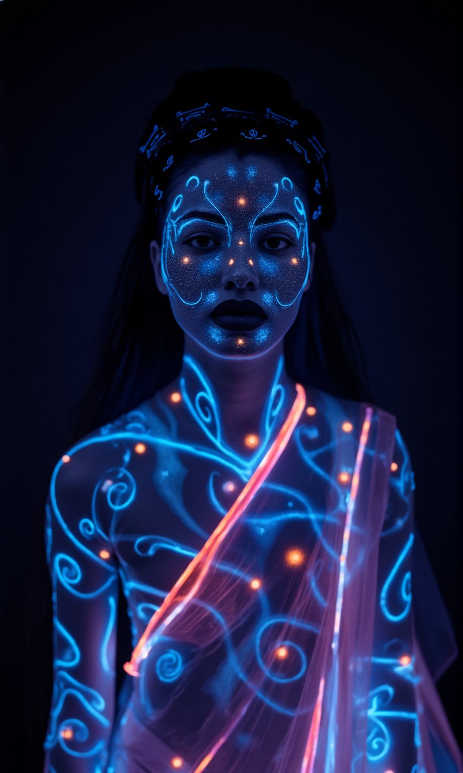 A mystical photo of an alien woman with a bioluminescent glow. Her midriff is exposed,  revealing glowing skin with symmet...