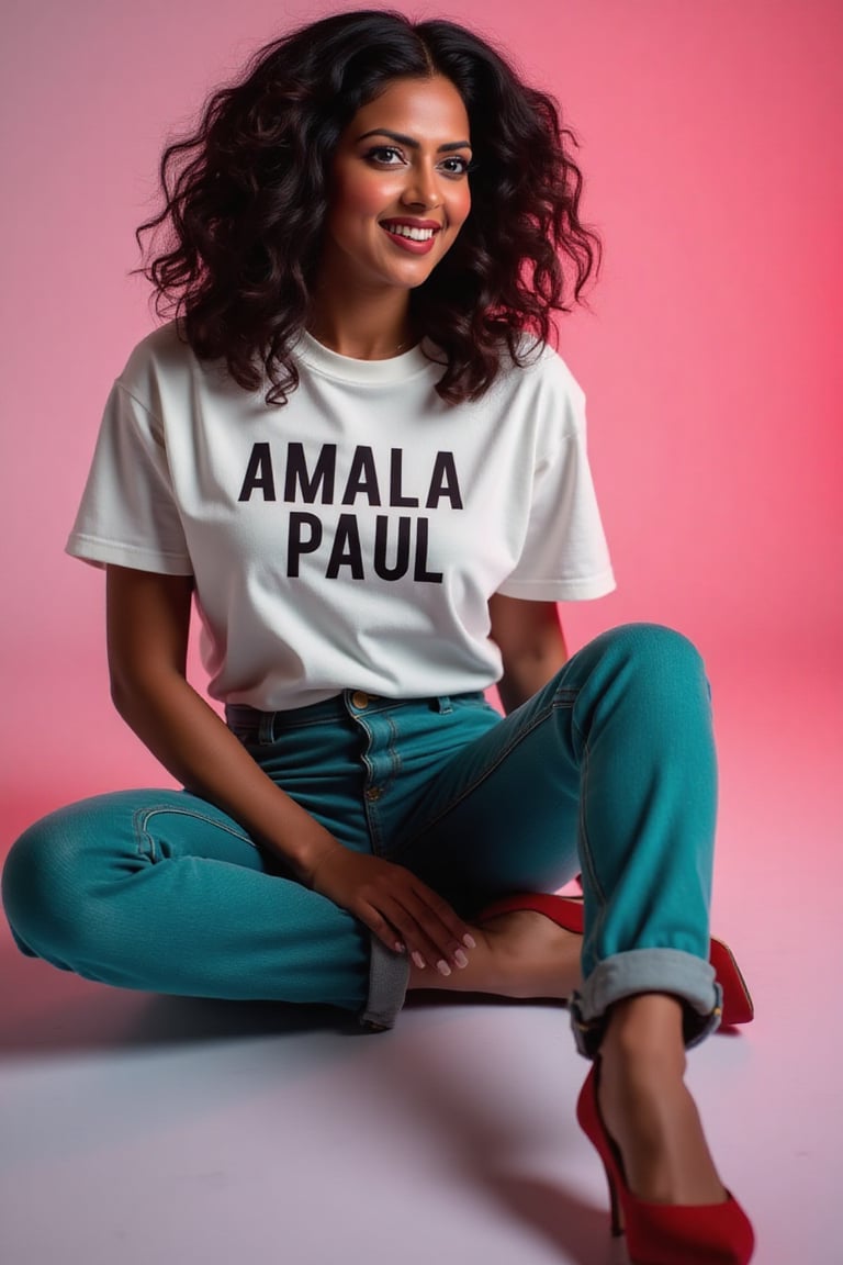 wide and low angle, cinematic, fashion photography. xamala sitting on floor wearing a full size light white t-shirt with big letters \"Amala Paul\" , teal jeans, nice red high heels and a gracious look on her face. The background is a color gradient, her face is lit with cool white light,  studio setting   <lora:xamala-flux-lora:1