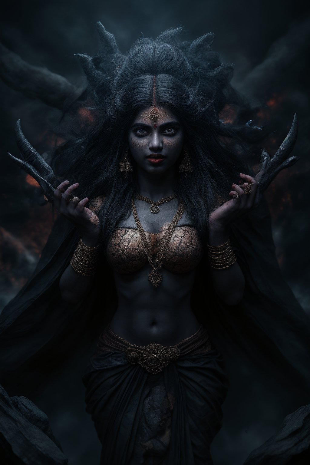 A powerful and terrifyingly beautiful depiction of the Hindu goddess Kali Maa,  portrayed with a perfect hourglass figure...