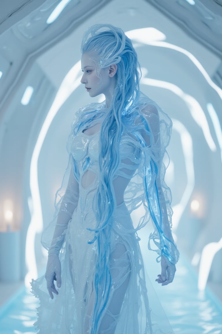 an ice-inspired humanoid with skin that glimmers like frost, stands in an all-white environment, in a whitealien ship. Her skin is pale blue with a crystal-like sheen, and her long, icy hair flows in frozen tendrils down her back. She wears a sharp, structured gown made of translucent materials resembling frozen water with lightning from inside, with edges that mimic the fractals of snowflakes. 