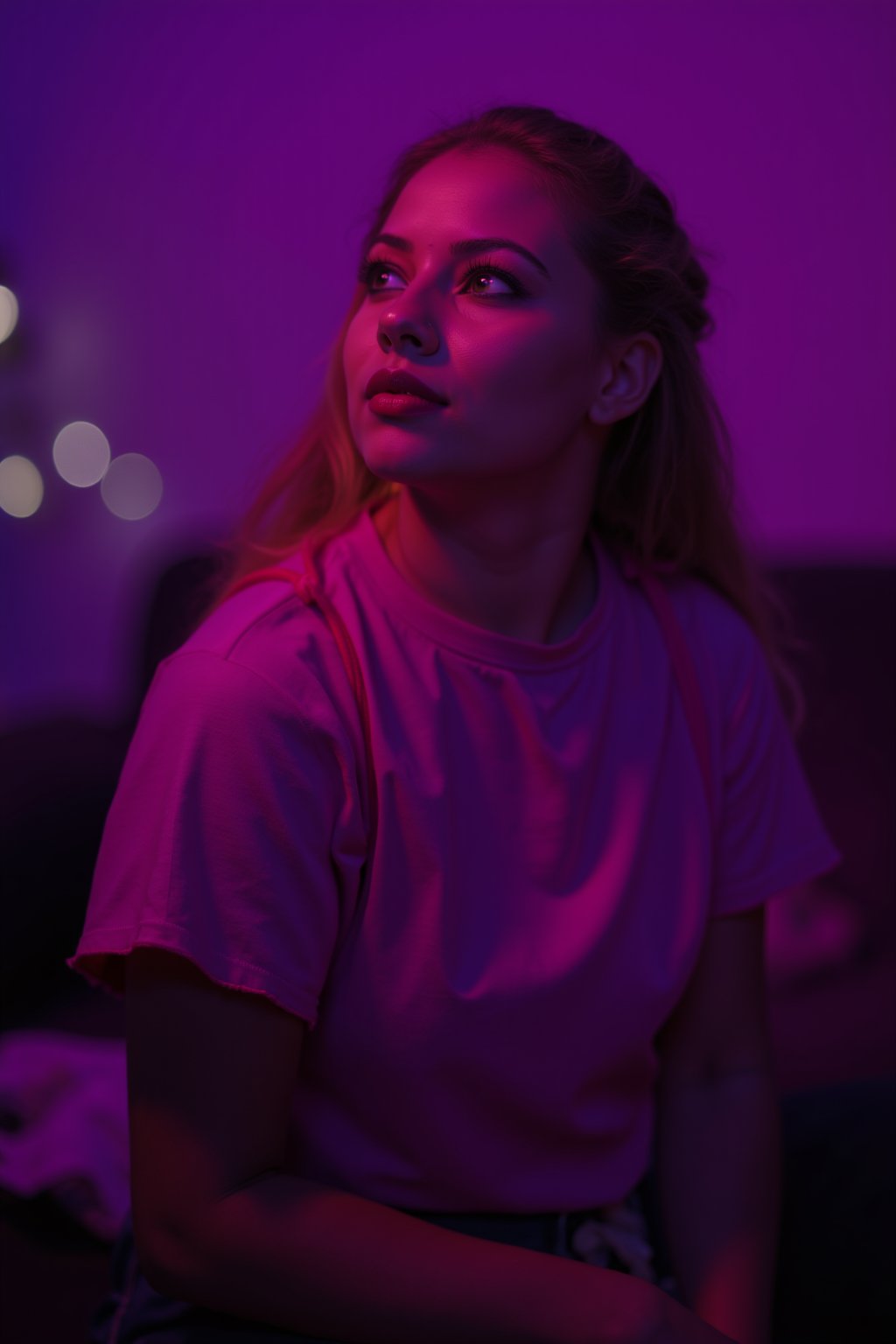 cinematic, A young woman with blonde hair sits in a dimly lit room, illuminated by soft purple and pink lighting. She gazes thoughtfully into the distance, with a bokeh of lights in the background, creating an intimate and contemplative atmosphere., film grain, Short telephoto focal length, shot on ALEXA 65,30yo