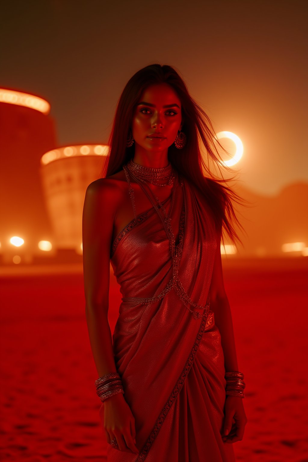 Mars Explorer in Traditional Attire
"A stunning Indian woman stands on the red, rocky surface of Mars, blending elements of her cultural heritage with futuristic technology. Mars rover near She wears a sleek saree, with glowing neon accents:1, customized to reflect traditional Indian motifs, such as intricate gold patterns and a sari-like drape over her shoulder. Her hair wave, mars effect, mars havy sand storm:1.4, revealing a radiant face with sharp, determined eyes. The harsh Martian environment contrasts with her beauty, while the backdrop features the dusty Martian landscape, distant planets, and a futuristic space colony on the horizon. The lighting is dramatic, with warm tones highlighting the red sands of Mars, creating a powerful, cinematic scene captured in ultra-realistic photography."

Details: face texture, perfect eyes, 5 finger on each hands, hair details, costume texture perfect, symmetry, Sharp background,